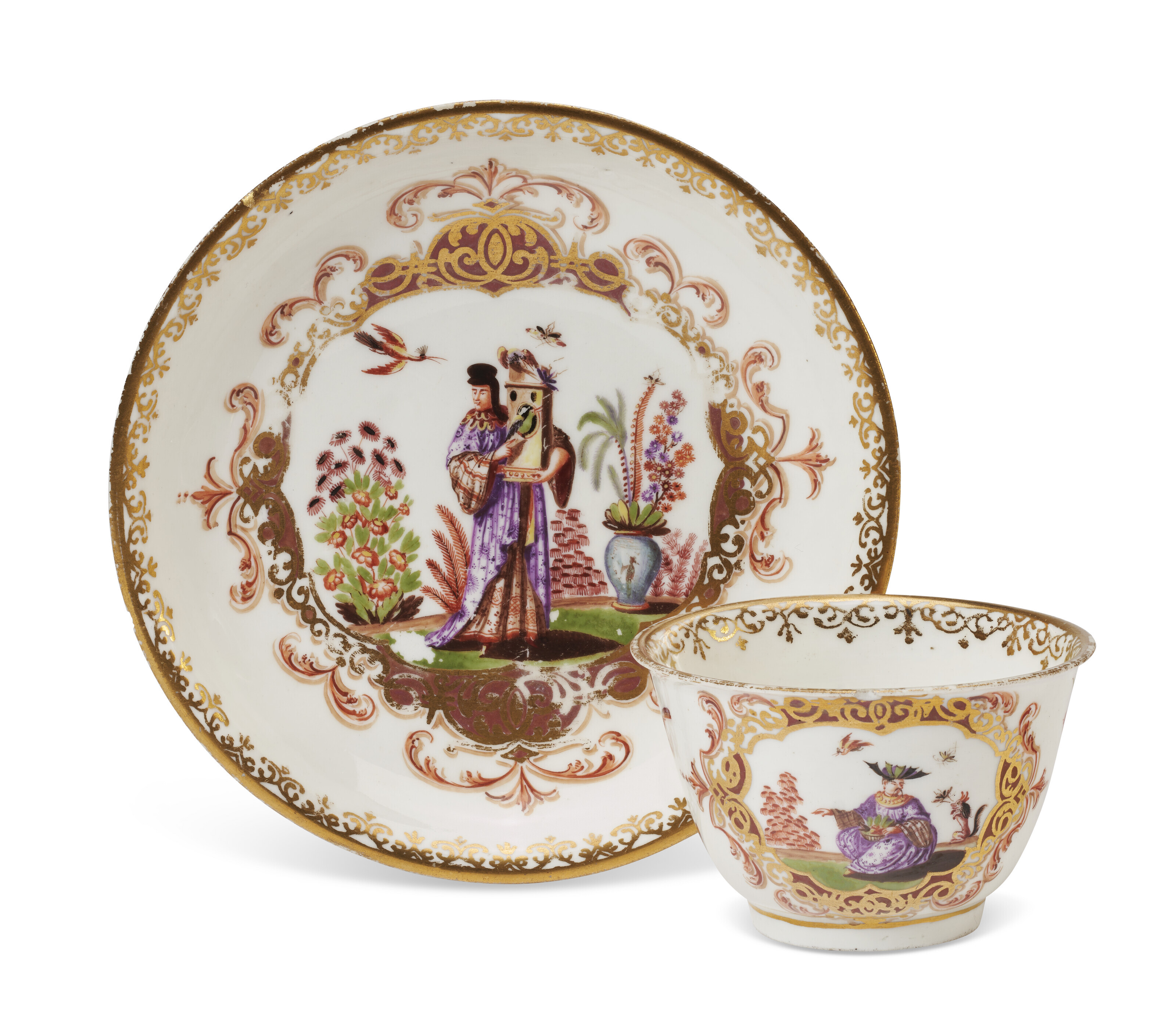 A MEISSEN PORCELAIN CHINOISERIE COFFEE-POT, A COVER AND A TEABOWL