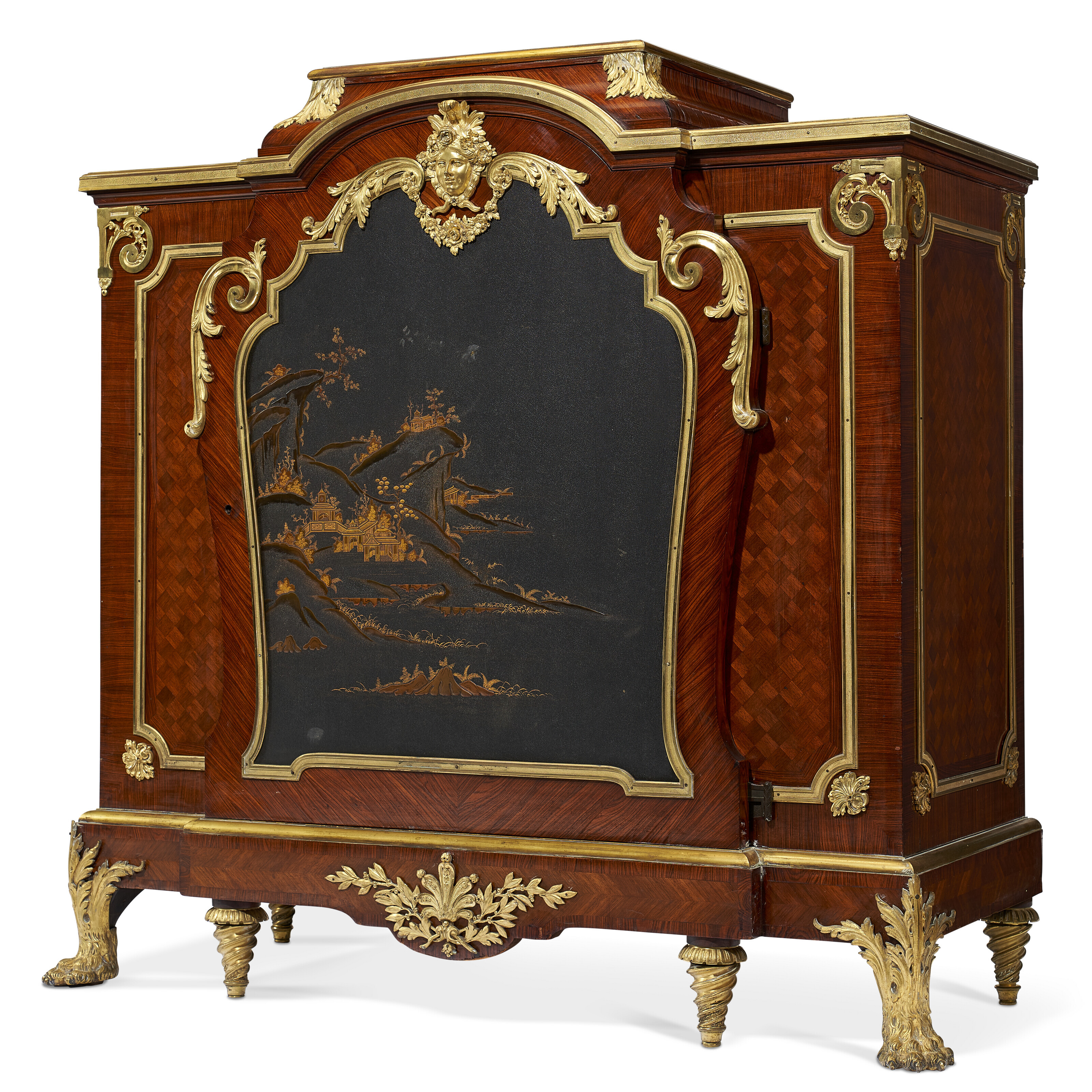 A Pair of French Ormolu Mounted Red & Gilt Japanned Side Tables
