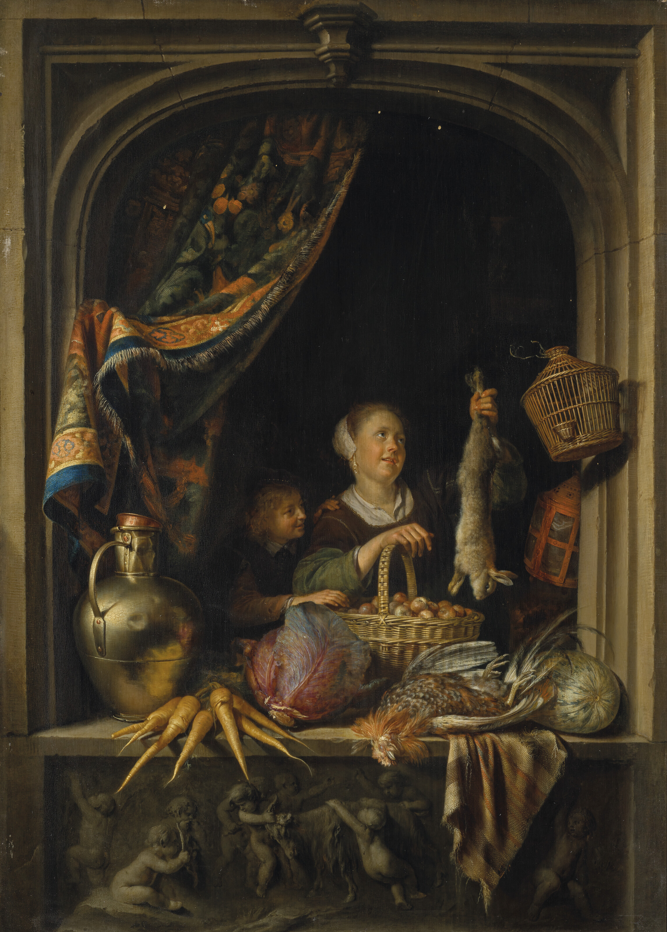 Gerrit Dou, A young woman holding a hare with a boy at a window. The painting set the current auction record for the artist when it sold for $7,068,000 on 11 October 2023 at Christie's in New York