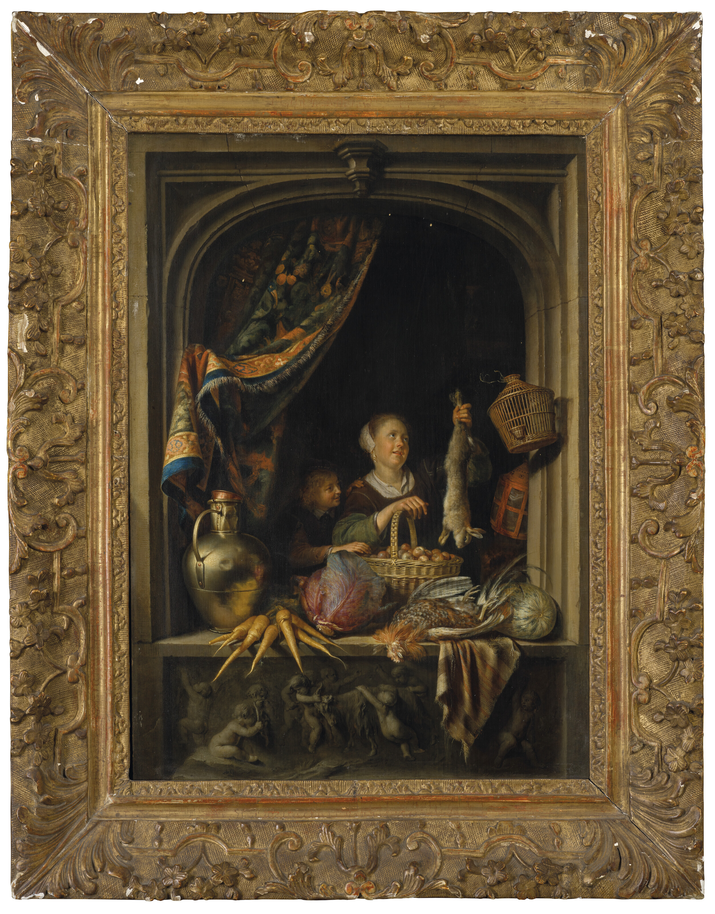 GERRIT DOU (LEIDEN 1613-1675), A young woman holding a hare with a
