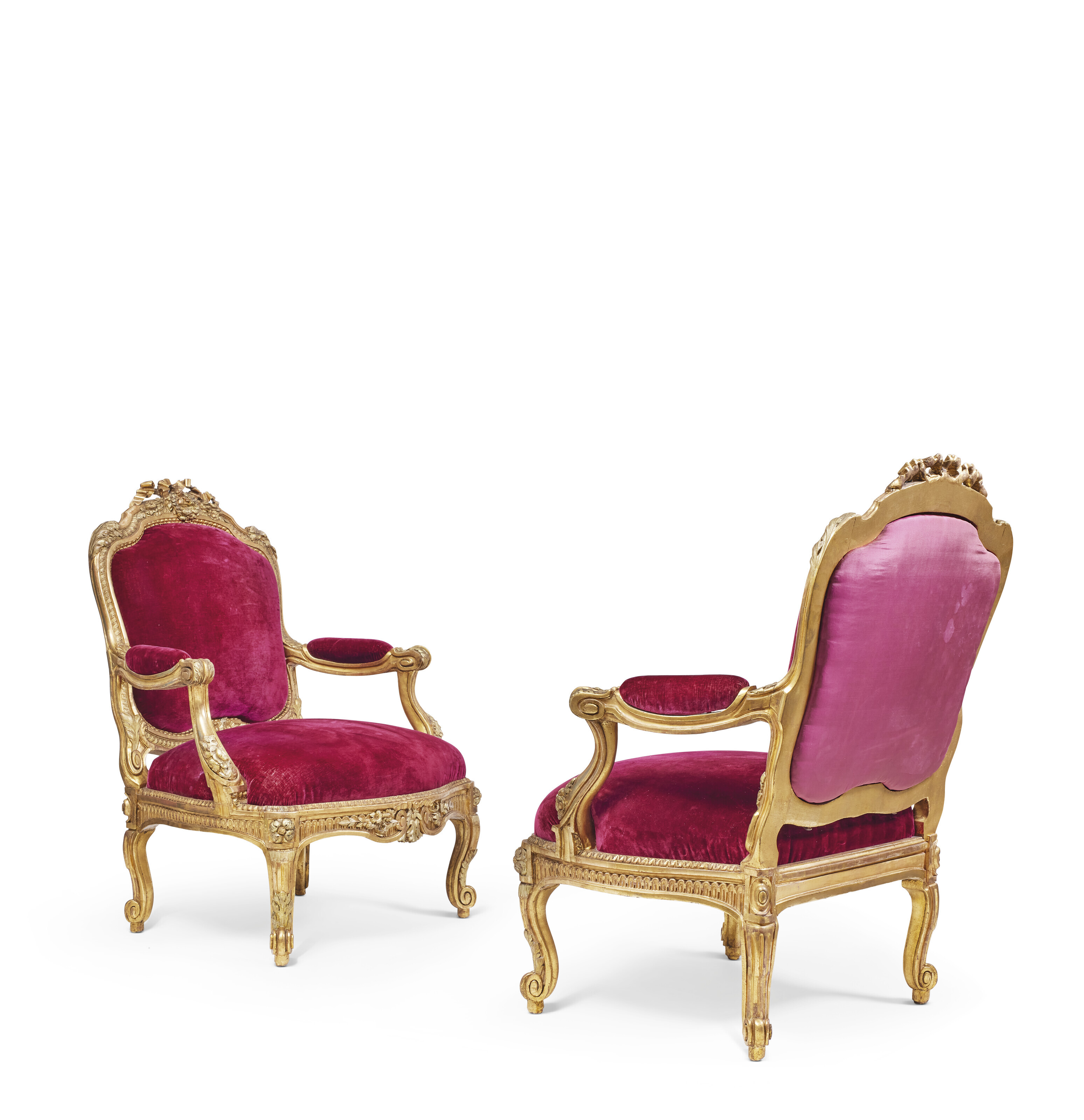 A PAIR OF LATE LOUIS XV GILT WALNUT FAUTEUILS A LA REINE, BY LOUIS