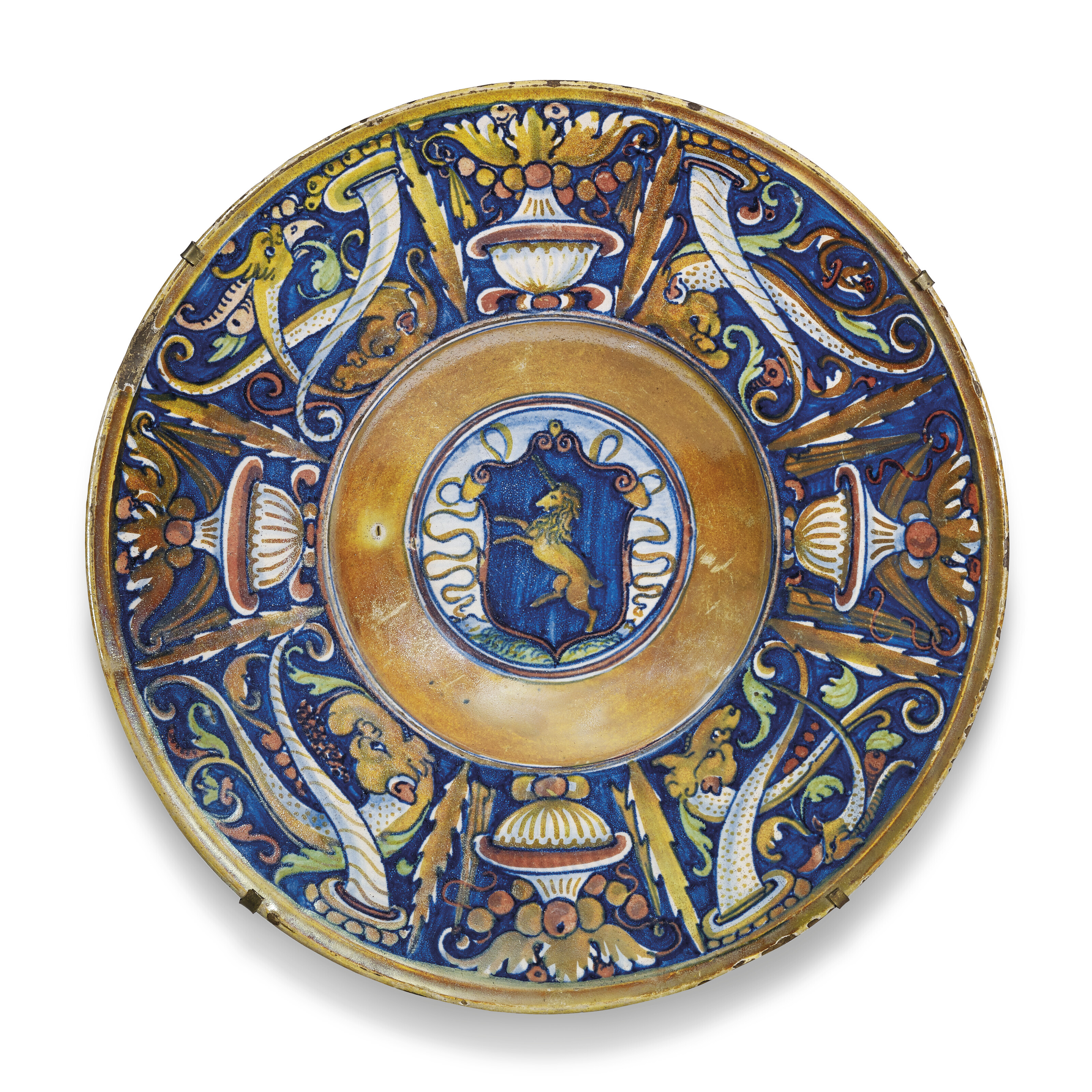 A GUBBIO MAIOLICA DATED GOLD AND RUBY LUSTRED ARMORIAL