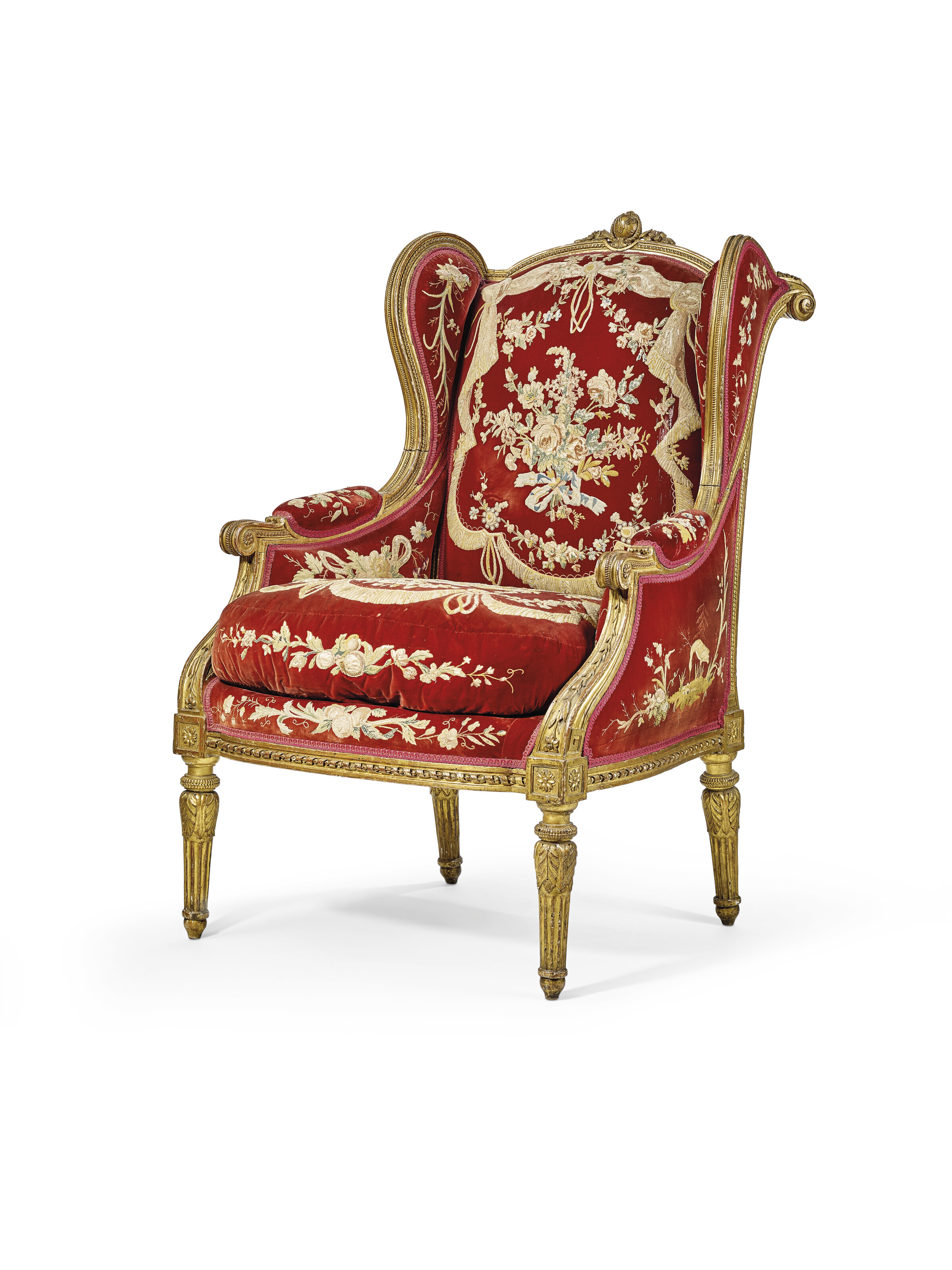 A Louis XVI giltwood bergere a oreilles, possibly by Georges Jacob, last quarter 18th century, sold for $327,600 on 13 October 2023 at Christie's in New York