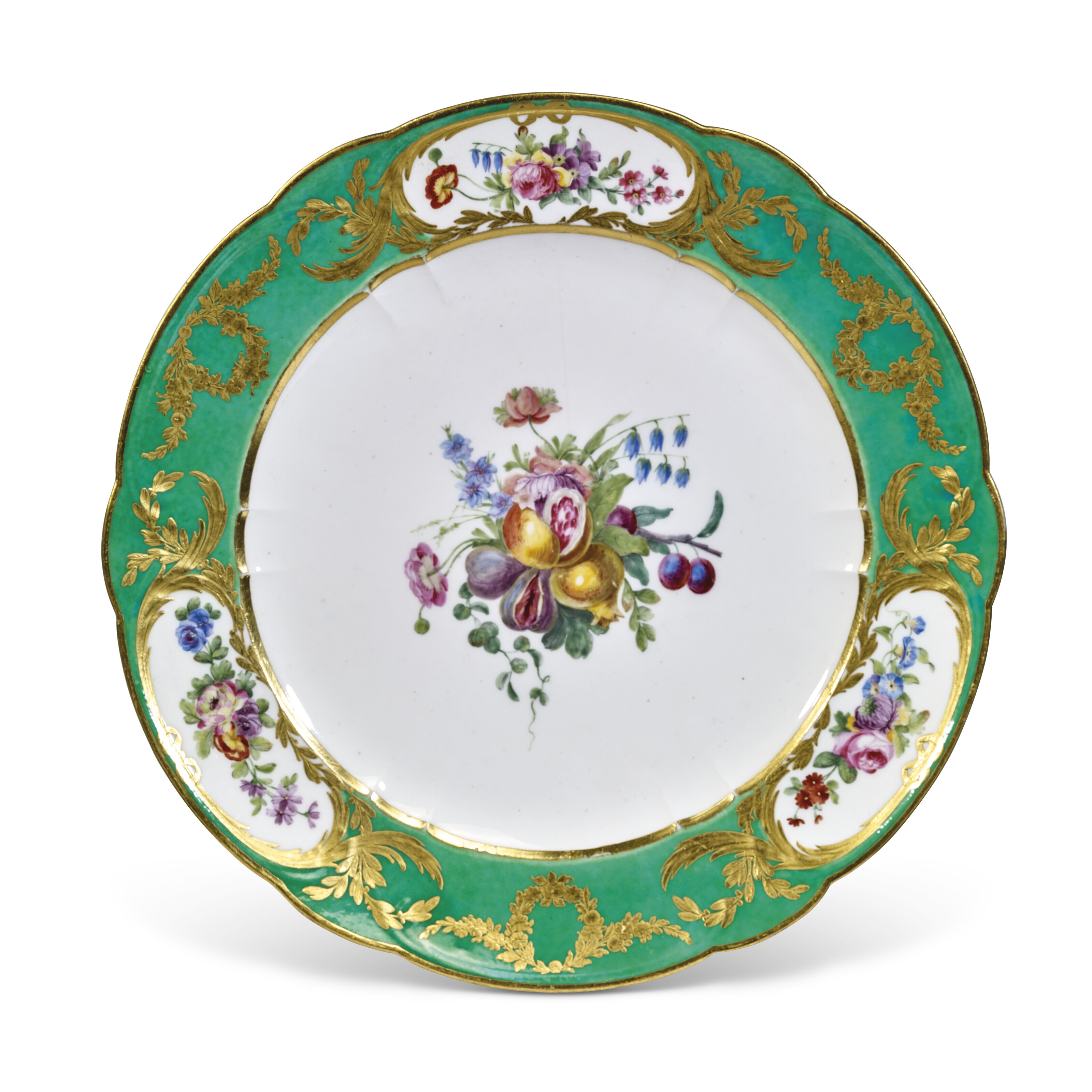 A SEVRES PORCELAIN GREEN-GROUND PART DINNER SERVICE, CIRCA 1777
