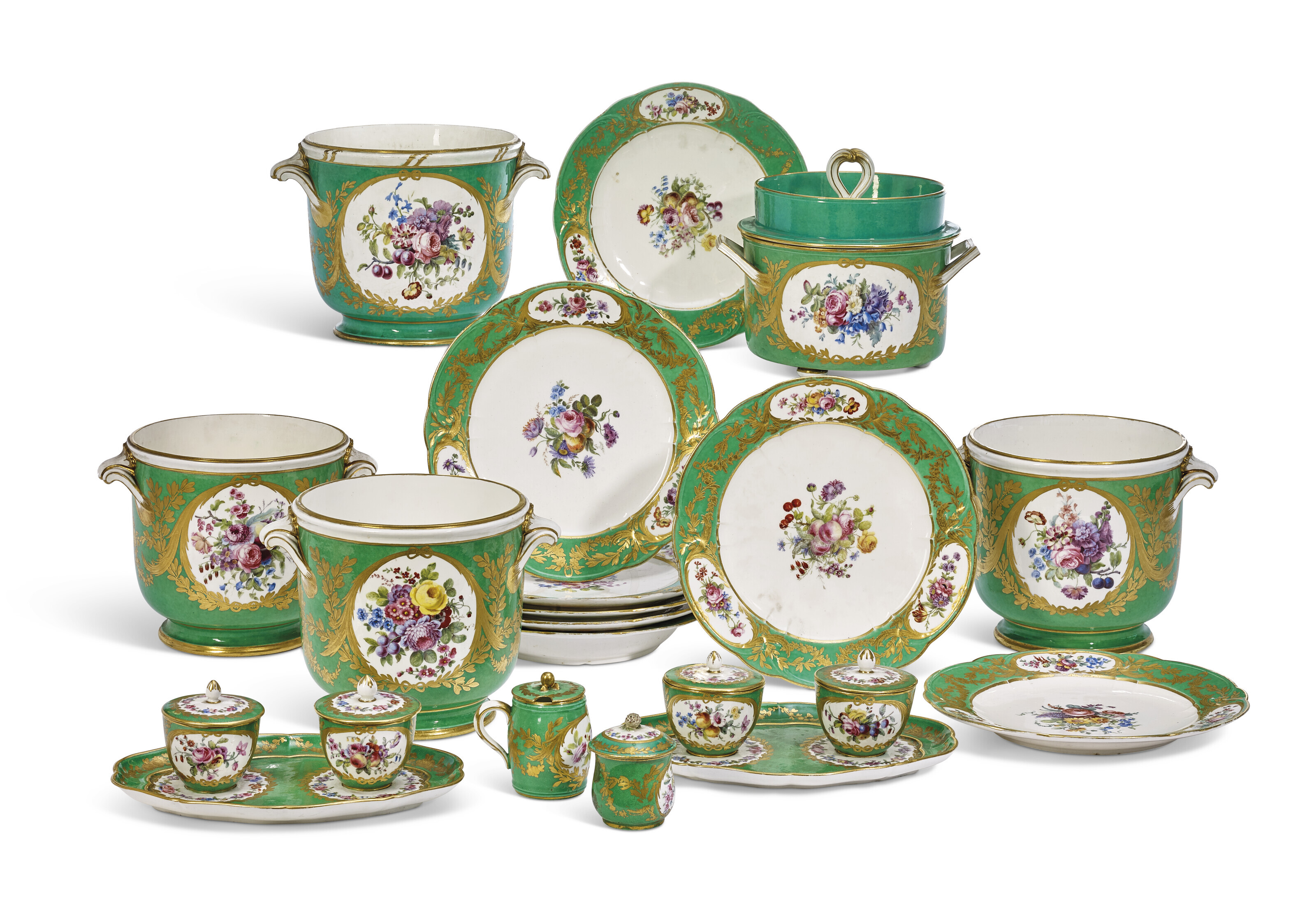 A SEVRES PORCELAIN GREEN-GROUND PART DINNER SERVICE, CIRCA 1777