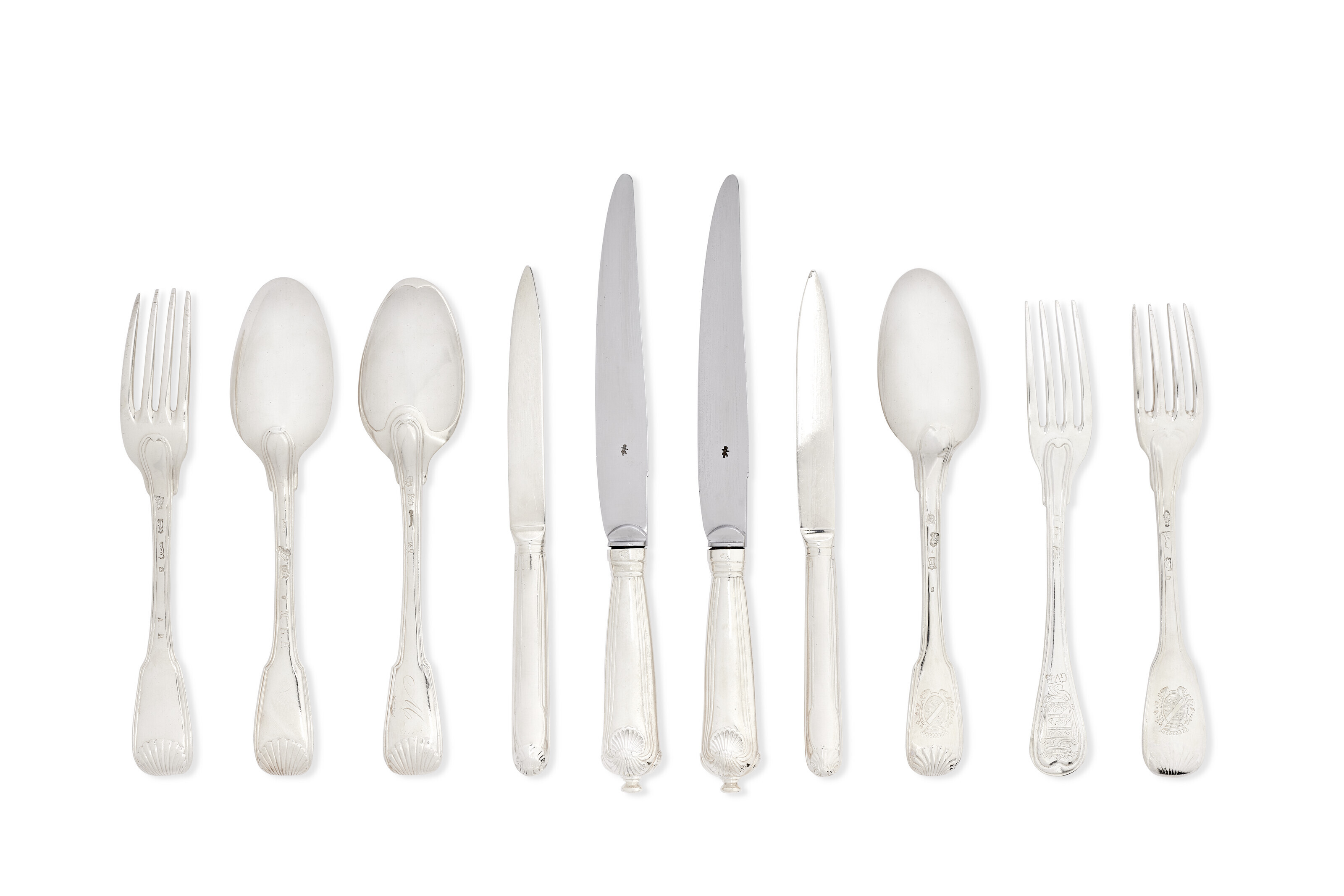 A LOUIS XV AND XVI ASSEMBLED SILVER FLATWARE SERVICE, MOST PARIS