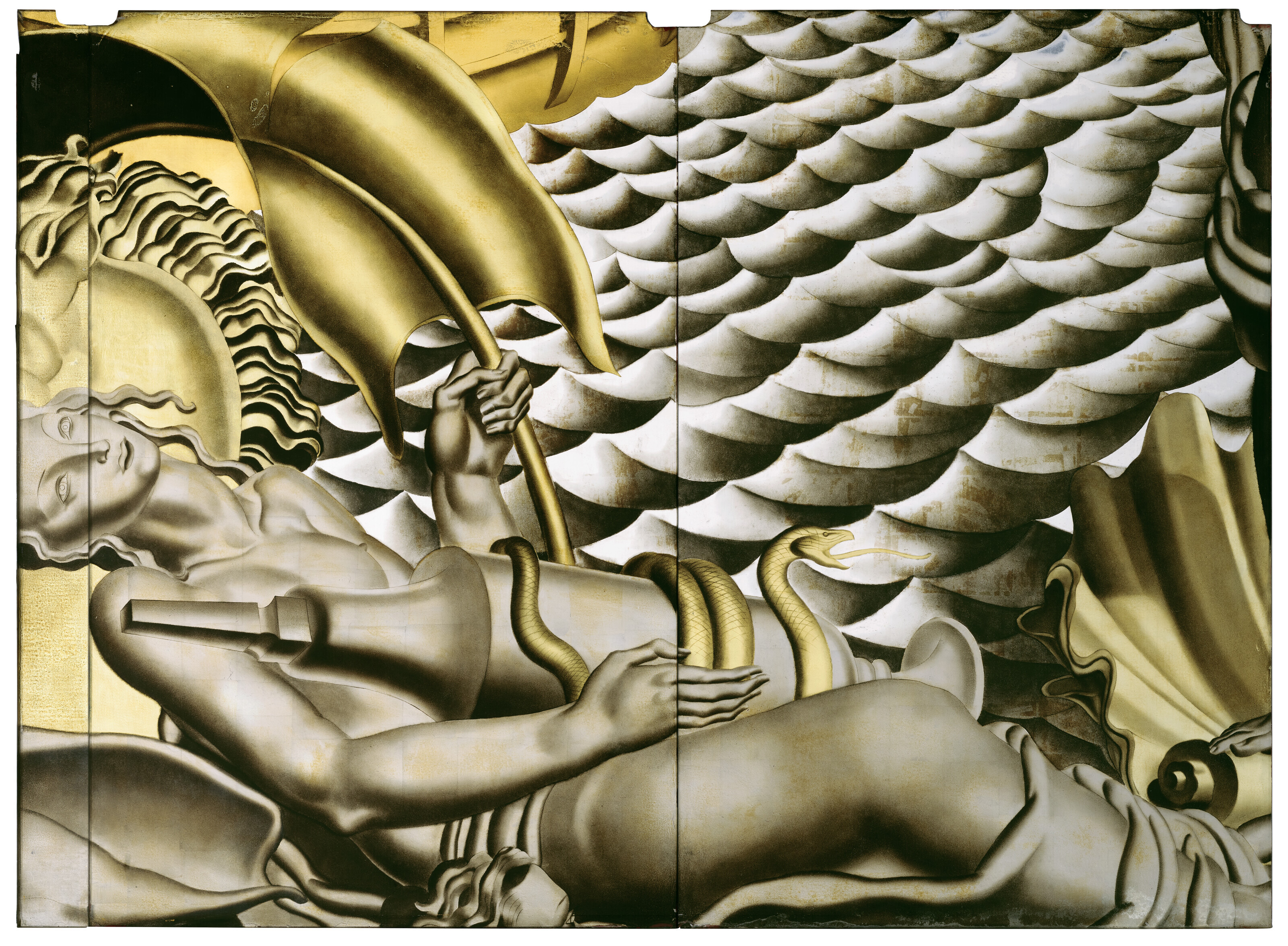 Jean Dupas, Set of three panels from the Birth of Aphrodite mural from the Grand Salon of the SS Normandie, circa 1934, sold for $378,000 on 7 December 2023 at Christie's in New York