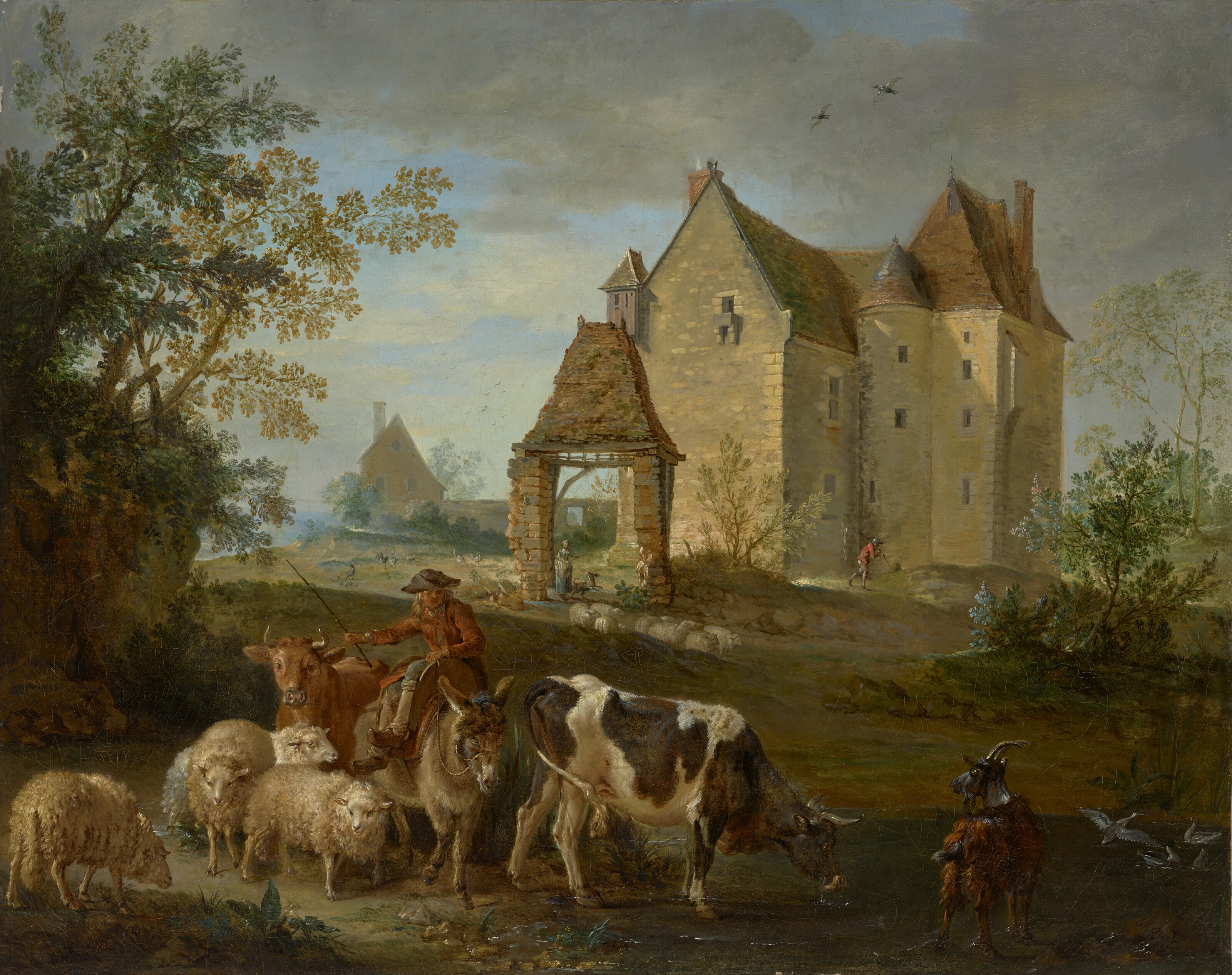 Jean-Baptiste Oudry (1686-1785), A landscape with a shepherd driving animals to pasture, a castle beyond, 1727. Oil on canvas. 252 x 31&frac12; in (64 x 80 cm). Sold for $195,300 in Remastered: Old Masters from the Collection of J.E. Safra &ndash; Selling Without Reserve on 24 May at Christie&rsquo;s in New York