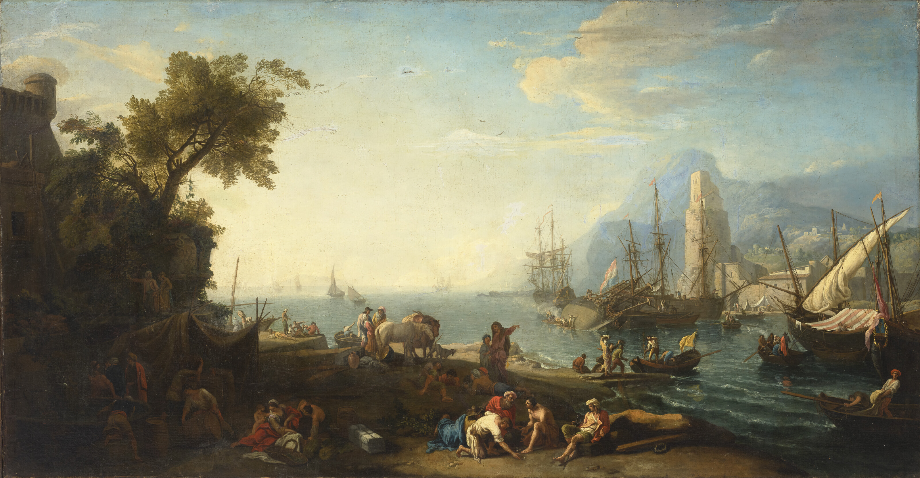 Adrien Manglard (1695-1760), Figures on an estuary with a ship careened in the background. Oil on canvas. 38 ⅛ x 75 ⅝ in (97 x 192.1 cm). Sold for $69,300 in Remastered: Old Masters from the Collection of J.E. Safra &ndash; Selling Without Reserve on 24 May at Christie&rsquo;s in New York