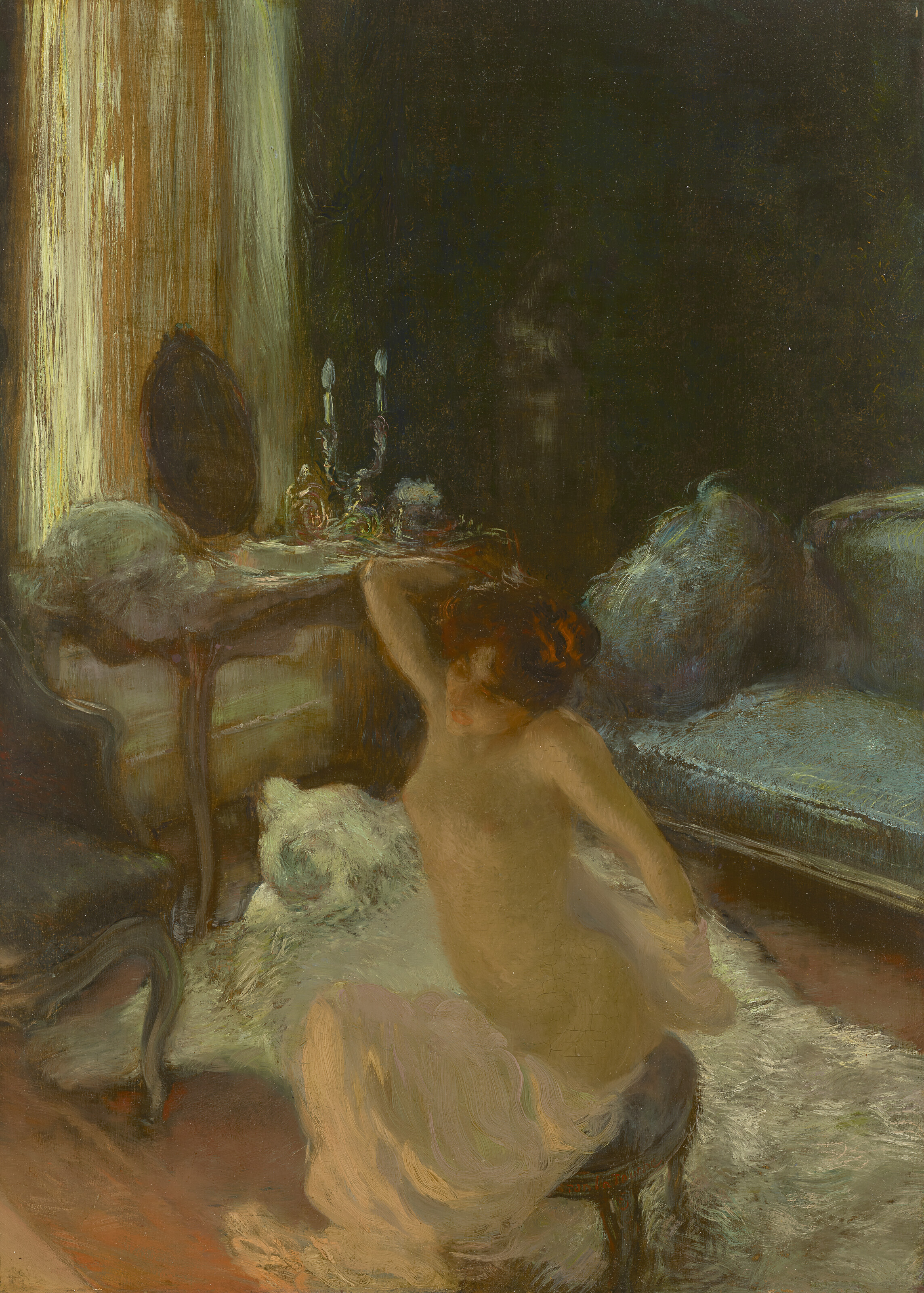 Gaston La Touche (1854-1913), La D&eacute;mangeaison. Oil on panel. 30&frac12; x 21&frac34; in (77.5 x 55.4 cm). Sold for $23,940 in Remastered: Old Masters from the Collection of J.E. Safra &ndash; Selling Without Reserve on 24 May at Christie&rsquo;s in New York