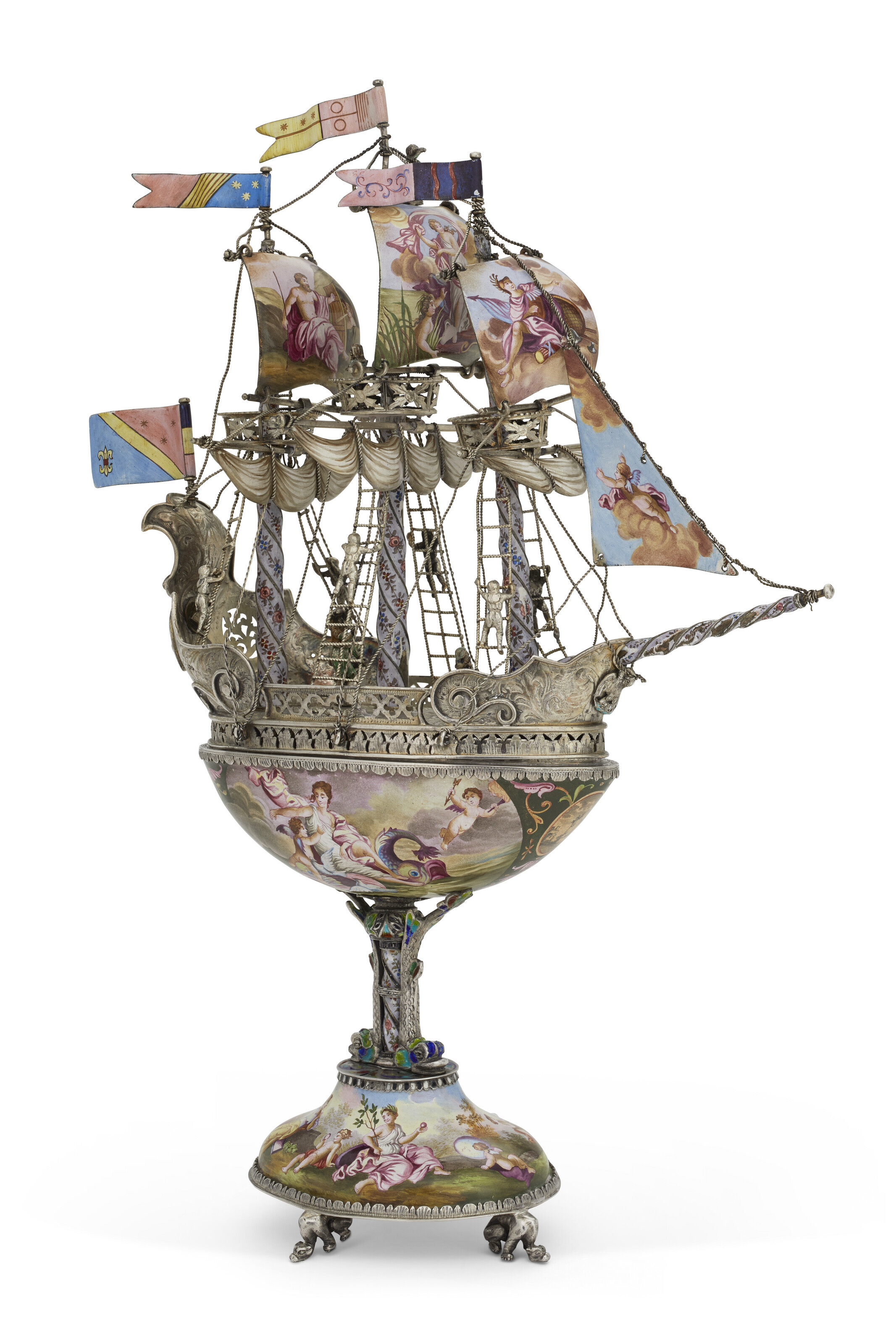 An Austrian silver-mounted enamel nef. Mark of Herman B&ouml;hm, Vienna, c. 1880. Sold for $17,640 in Sculptural Silver and Works of Art from the Orange Blossom Collection on 6 April 2023 at Christie's online


