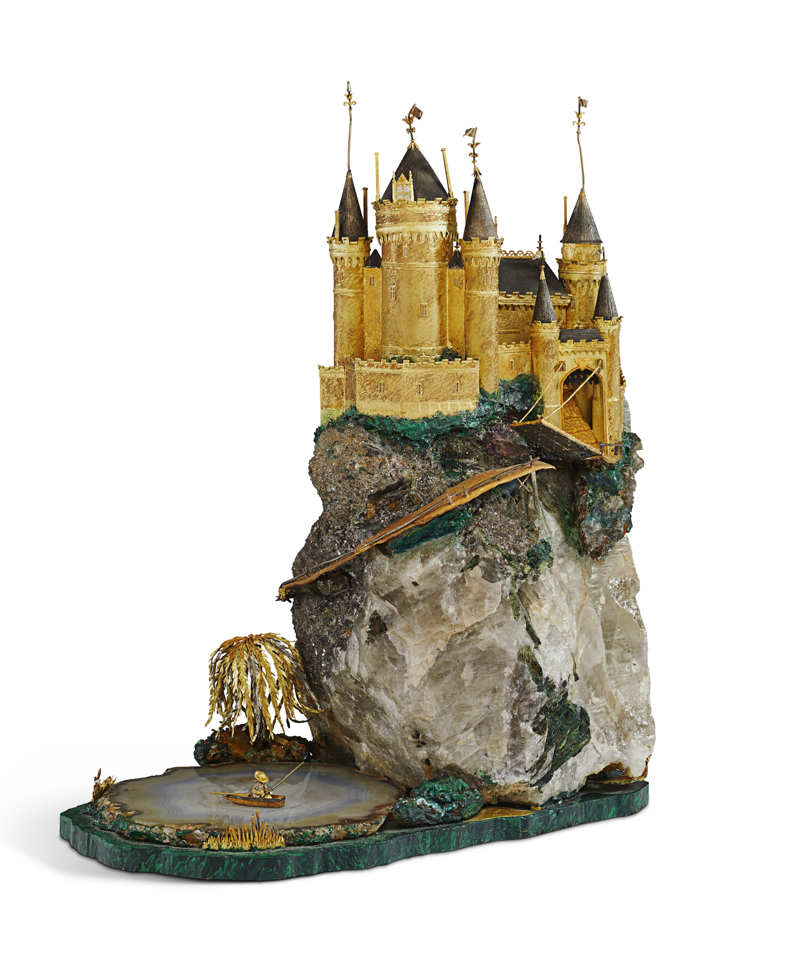 An Elizabeth II gold, silver, agate, and mineral speciman &lsquo;fairytale&rsquo; castle. Mark of William Tolliday, London, c. 1980. Estimate: $25,000-35,000. Offered in Sculptural Silver and Works of Art from the Orange Blossom Collection 23 March-6 April 2023 at Christie's online
