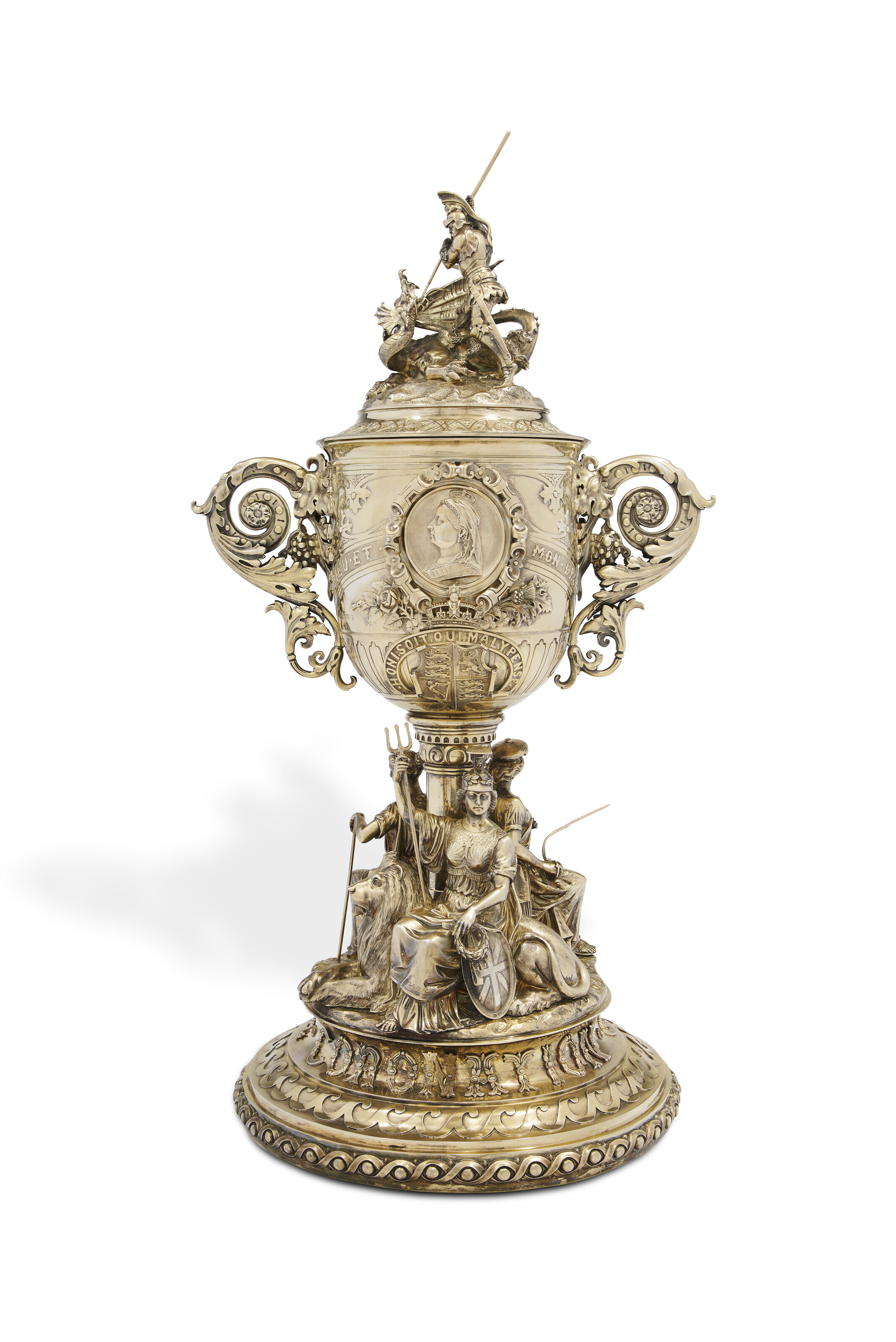 Queen Victoria's golden jubilee: A monumental Victorian silver-gilt presentation cup and cover. Mark of Joshua Vander, London, 1887. Sold for $94,500 in Sculptural Silver and Works of Art from the Orange Blossom Collection on 6 April 2023 at Christie's online