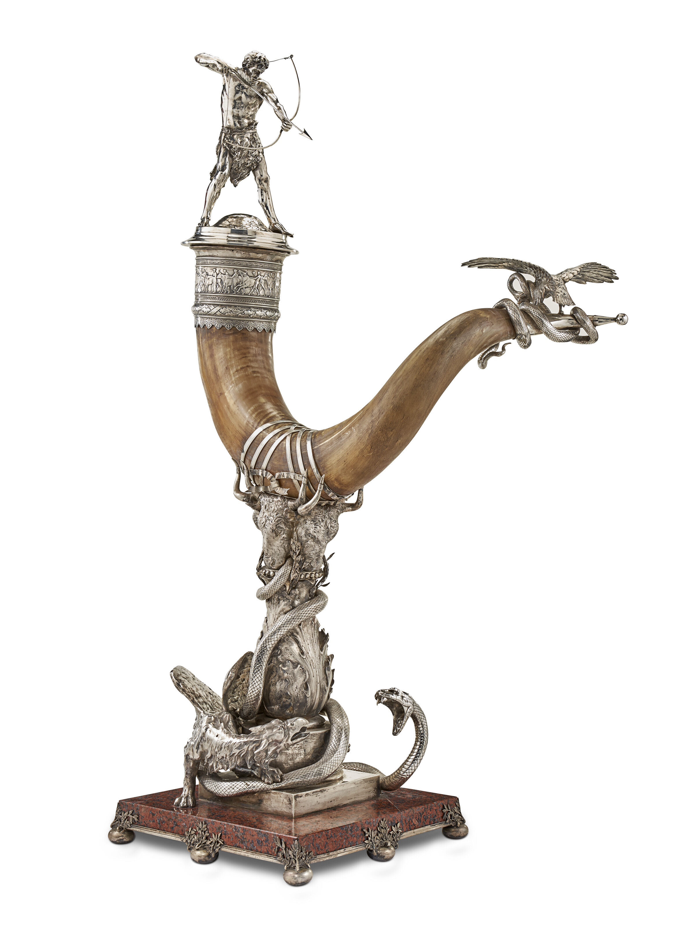 A MASSIVE SWEDISH SILVER MOUNTED PODOLIAN OX HORN CENTERPIECE
