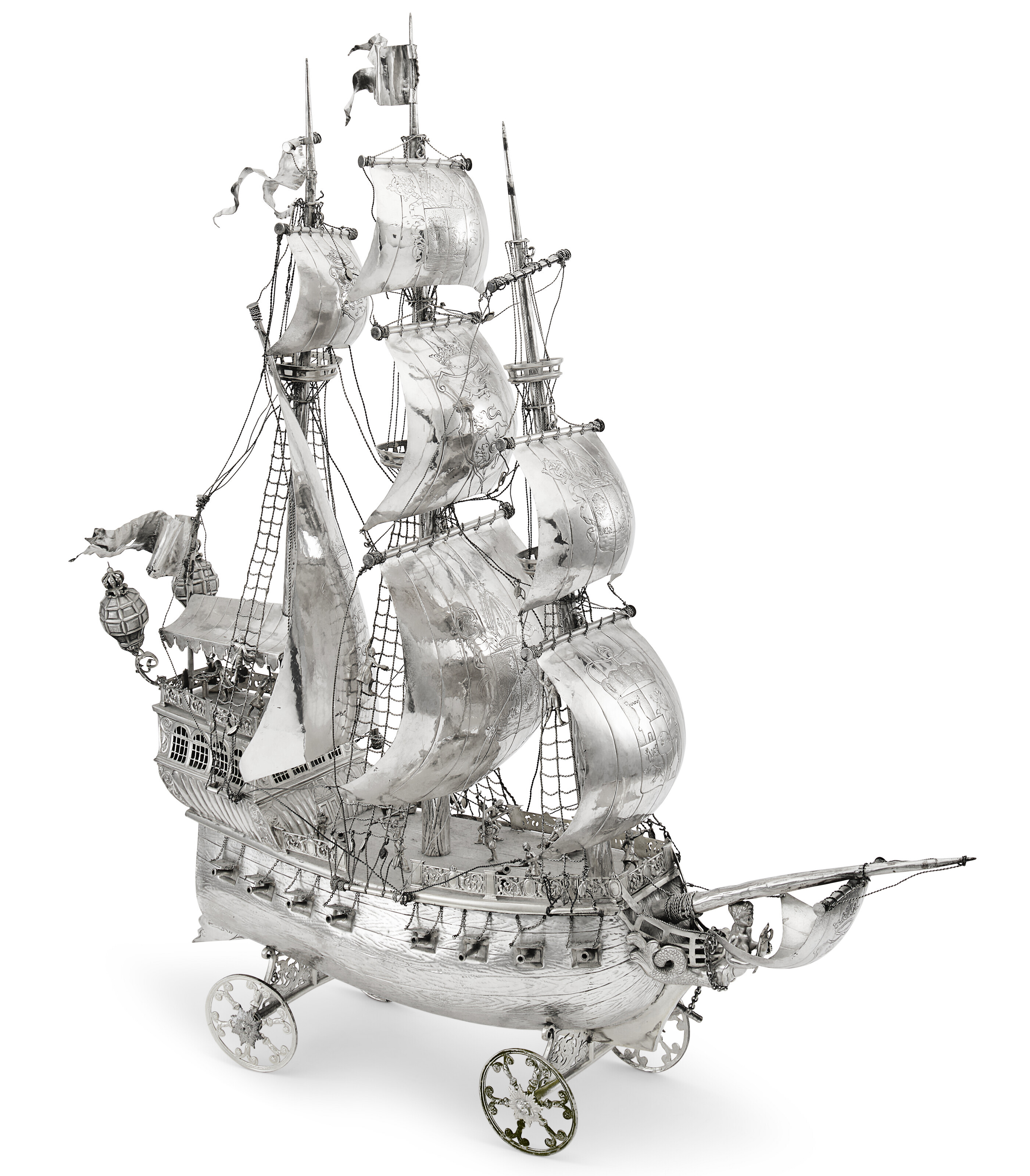 A large German silver three-masted nef Mark of B. Neresheimer &amp; S&ouml;hne, Hanu, c. 1900. Sold for $18,900 in Sculptural Silver and Works of Art from the Orange Blossom Collection on 6 April 2023 at Christie's online