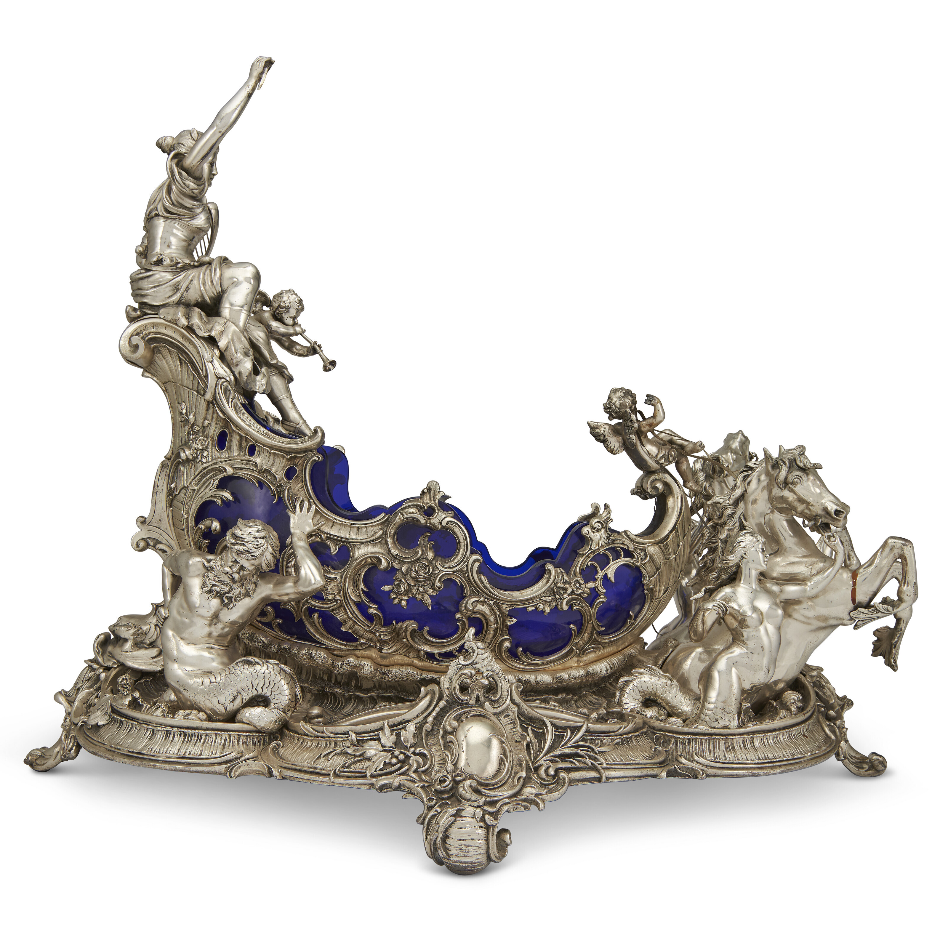 A GERMAN SILVER-PLATED AND COBALT BLUE GLASS CENTERPIECE, PROBABLY