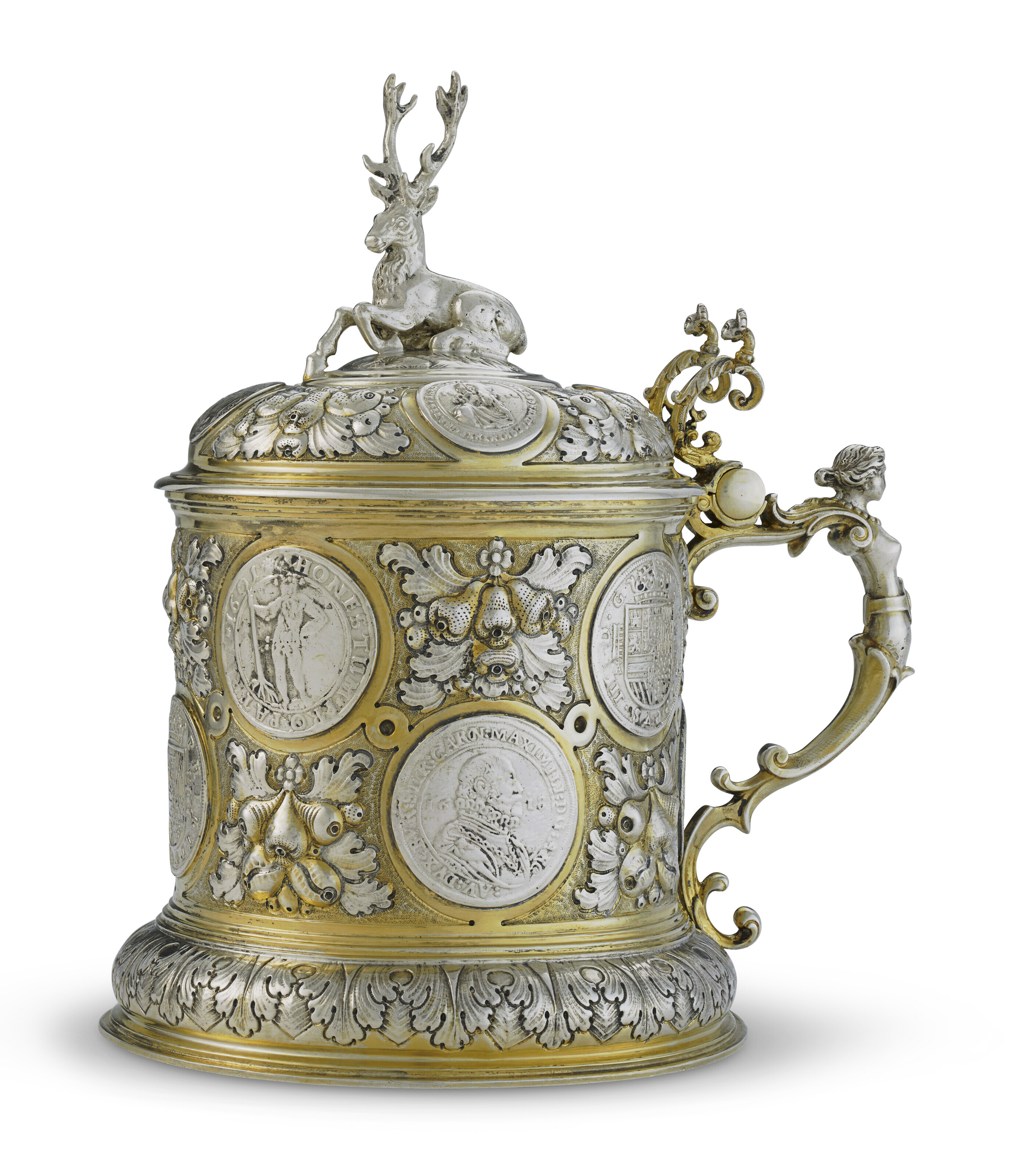 A GERMAN PARCEL-GILT SILVER COIN SET TANKARD, MARK OF B