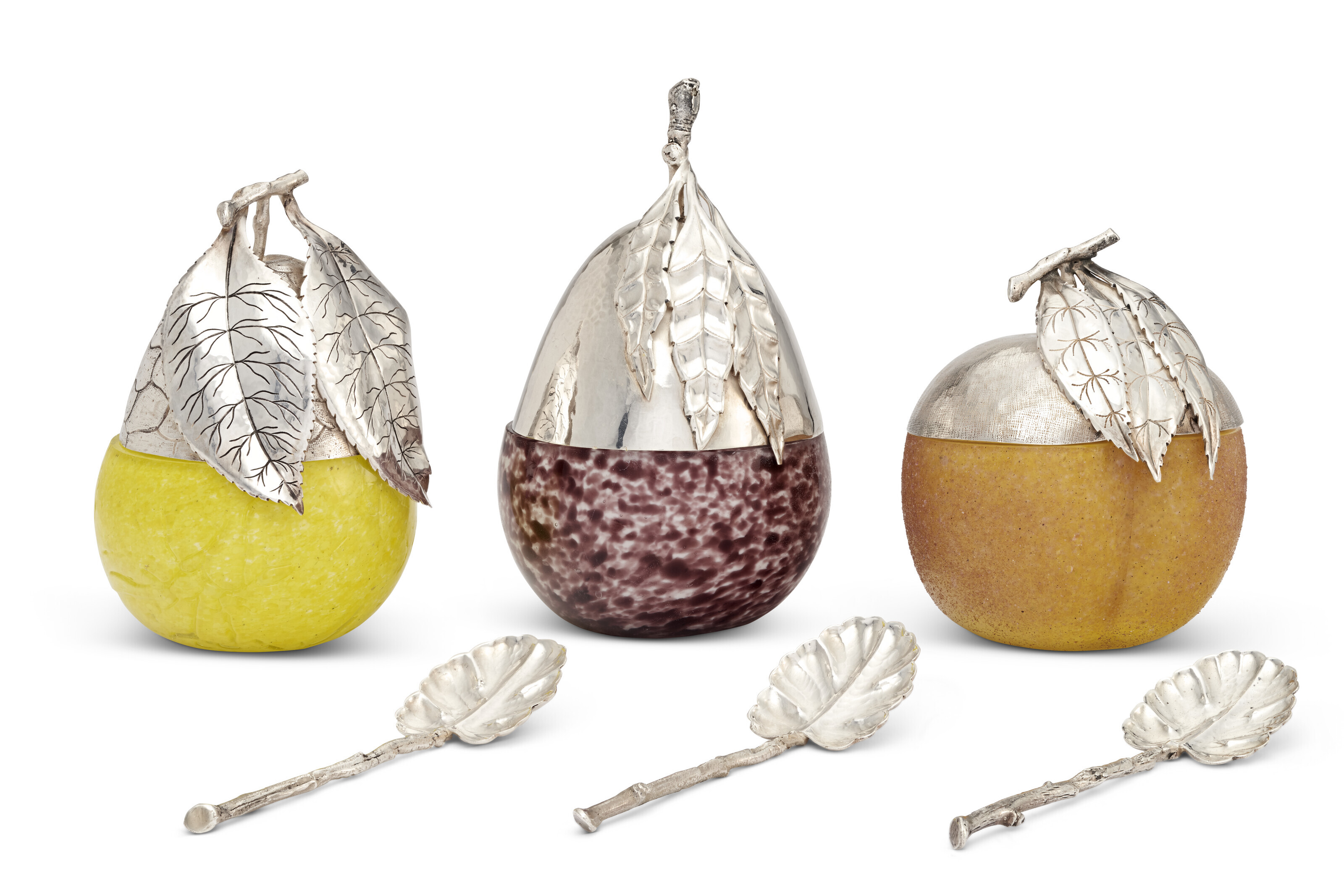 A SUITE OF THREE ITALIAN SILVER-MOUNTED COLORED GLASS JAM JARS AND