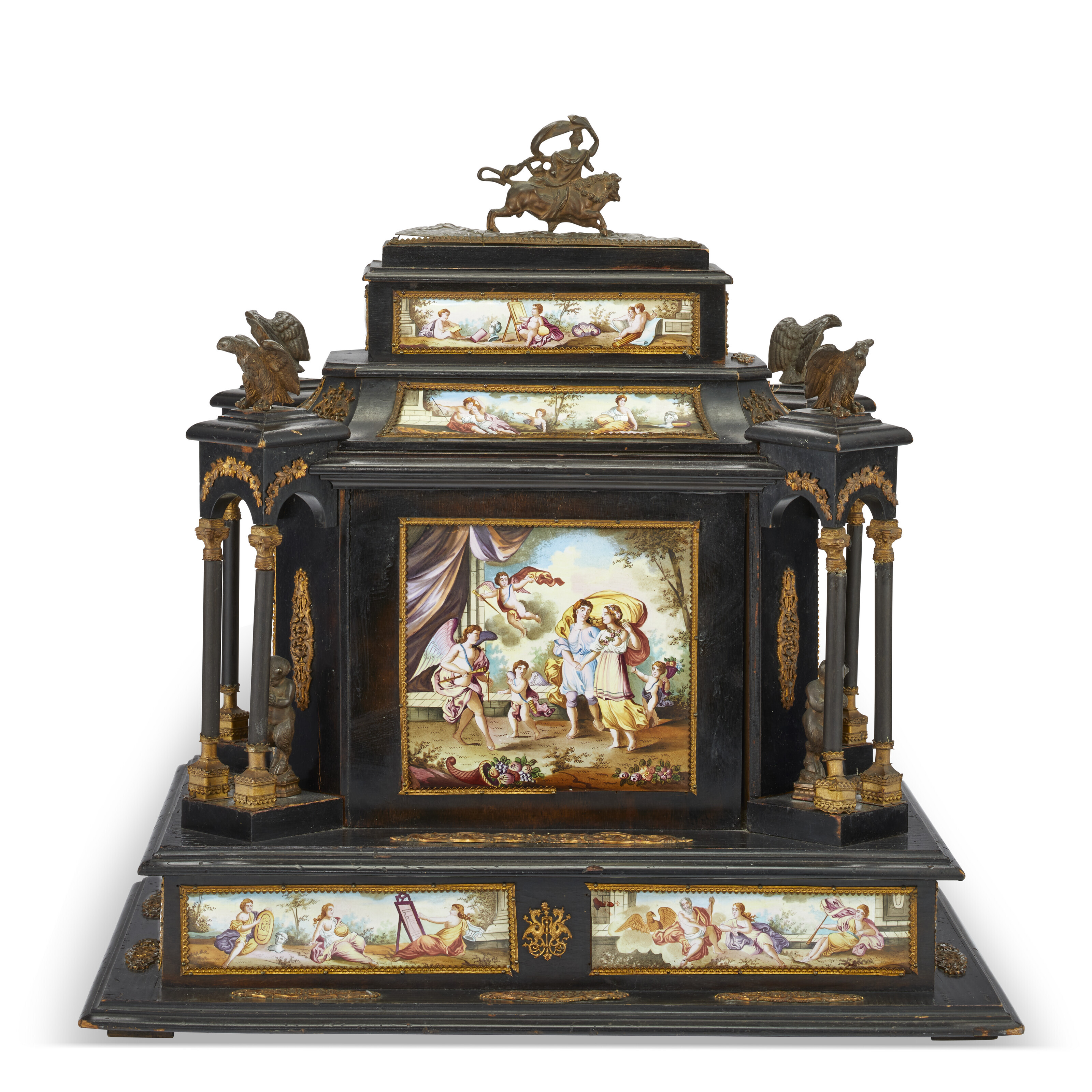 AN AUSTRIAN GILT-METAL AND ENAMEL-MOUNTED EBONIZED TABLE CASKET