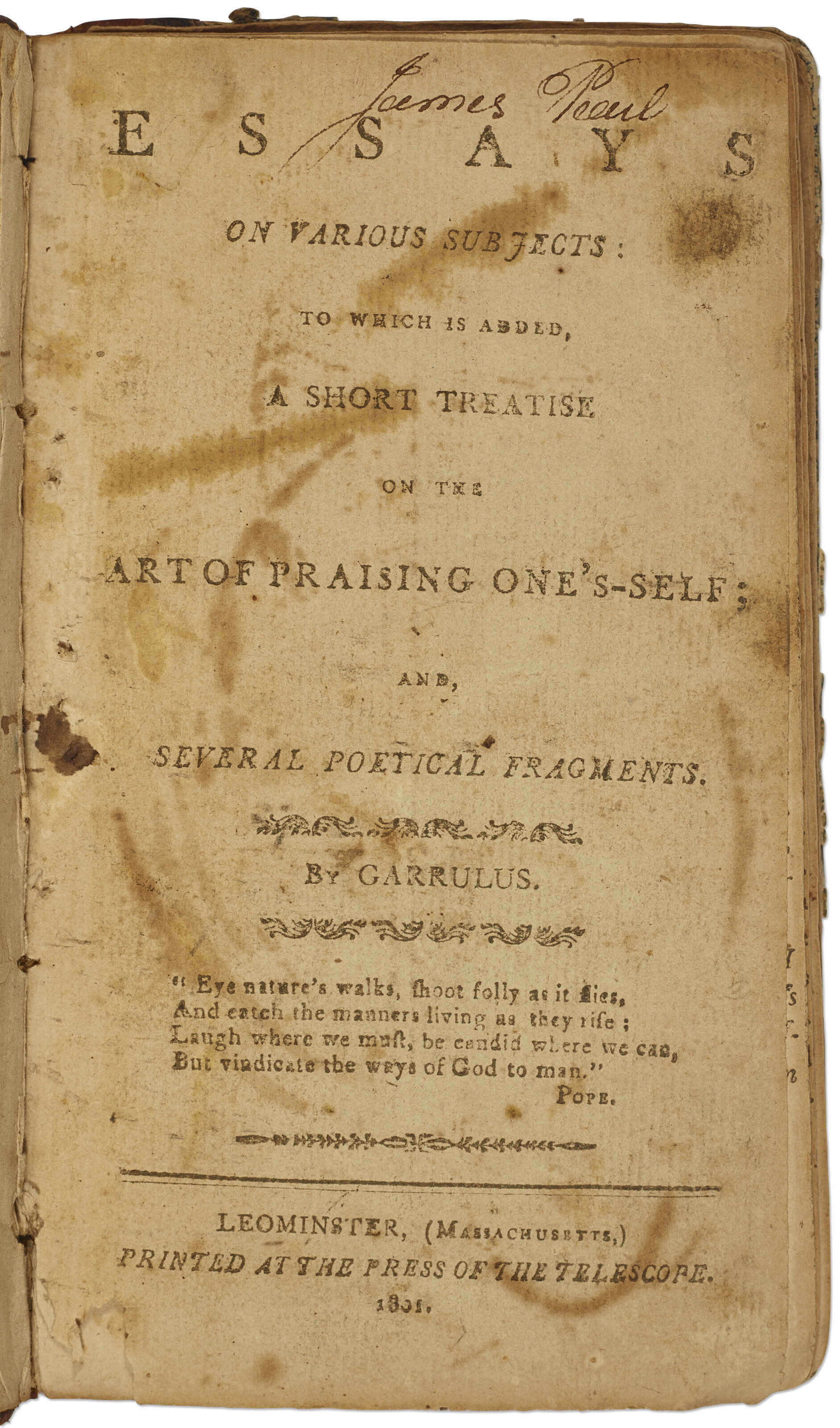 Essays on Various Subjects to Which is added, a Short Treatise on the