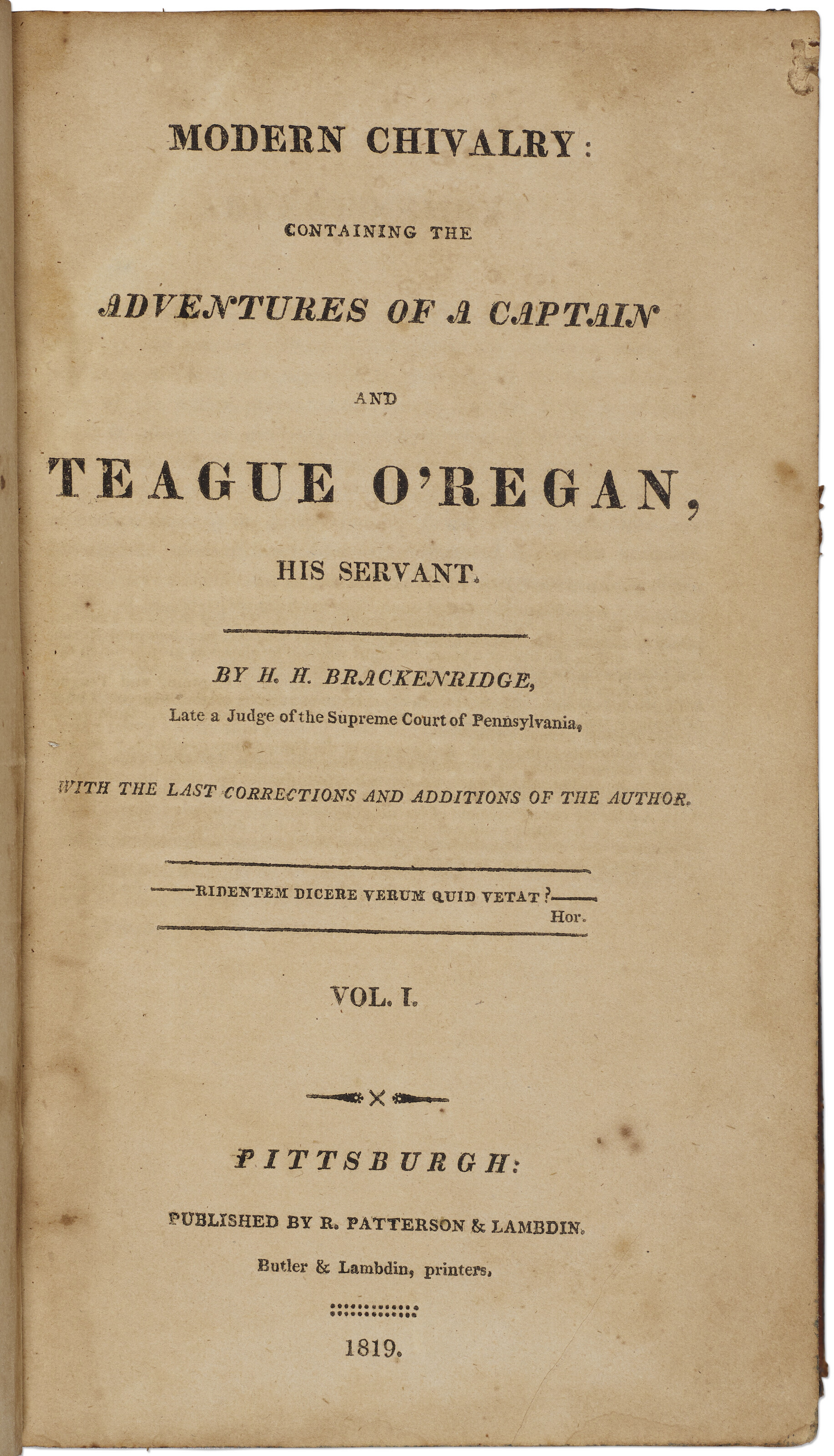 Modern Chivalry, Hugh Henry Brackenridge, 1819 Christie’s