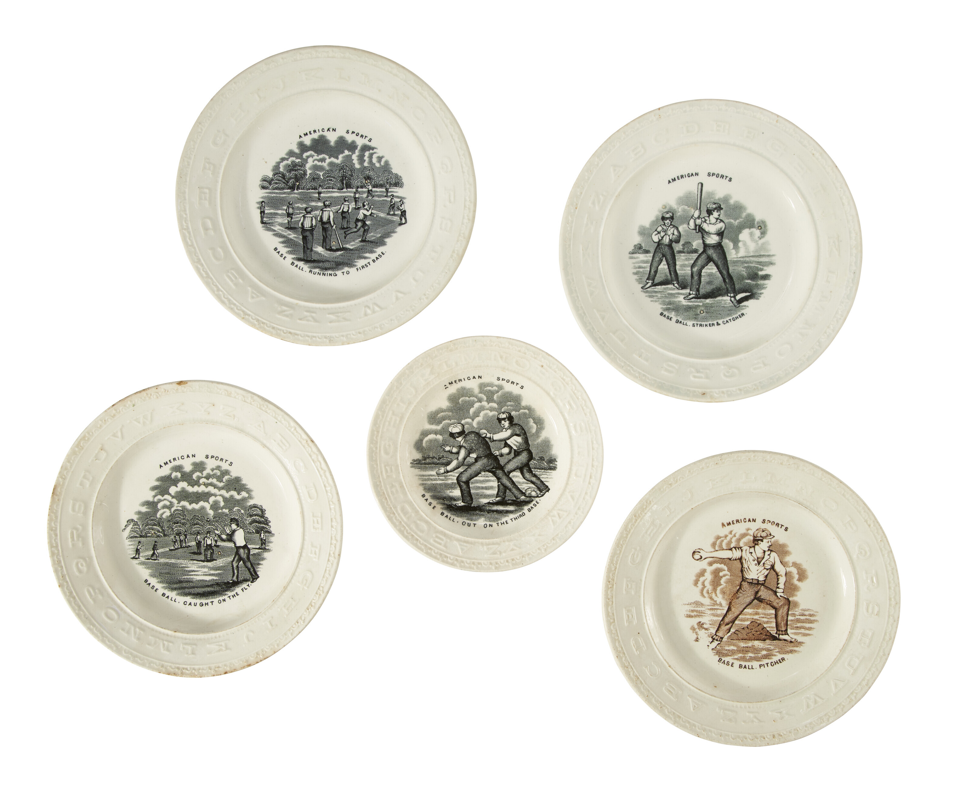FIVE STAFFORDSHIRE CERAMIC 'AMERICAN SPORTS' ABC PLATES, SECOND HALF
