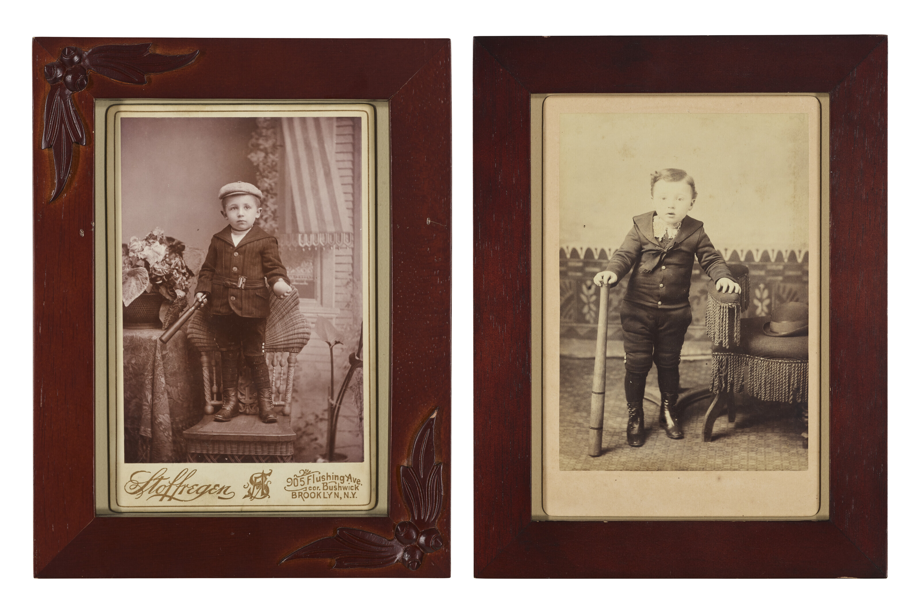 LOT OF (2) PHOTOGRAPHS OF YOUNG BOY WITH BASEBALL EQUIPMENT C