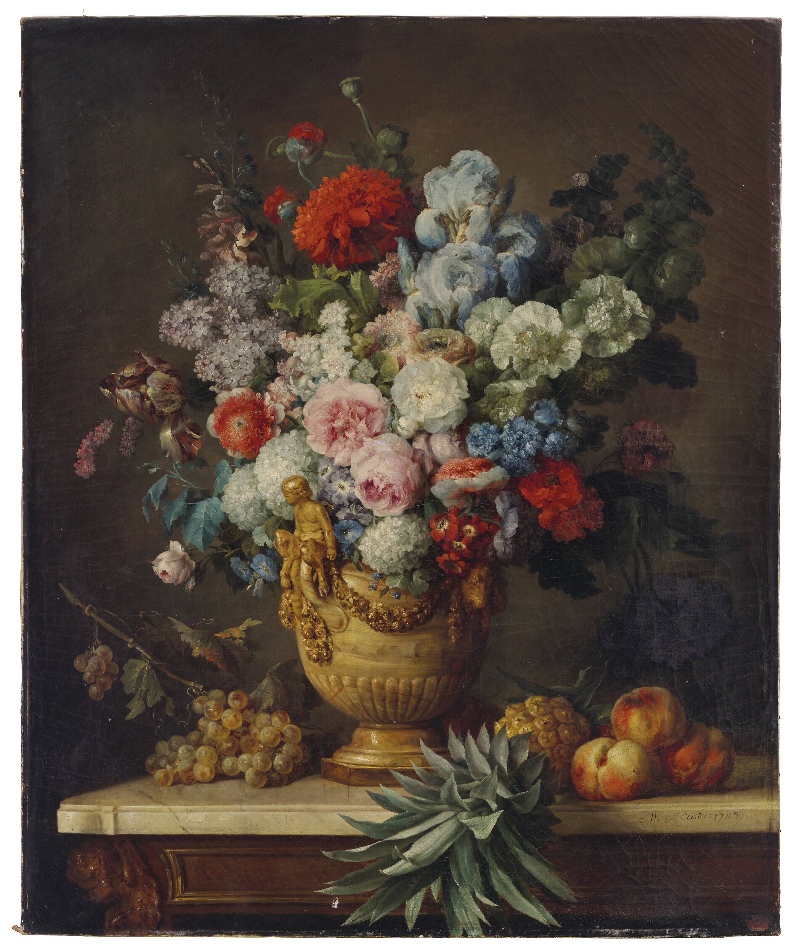 Anne Vallayer-Coster (1744-1818), Nature morte au vase d&rsquo;alb&acirc;tre rempli de fleurs avec sur une table plusieurs esp&egrave;ces de fruits, comme ananas, p&ecirc;ches et raisins, 1783. 108.5 x 89.5 cm (42&frac34; x 35&frac14; in). Sold for €2,581,000 on 15 June 2023 at Christie’s in Paris