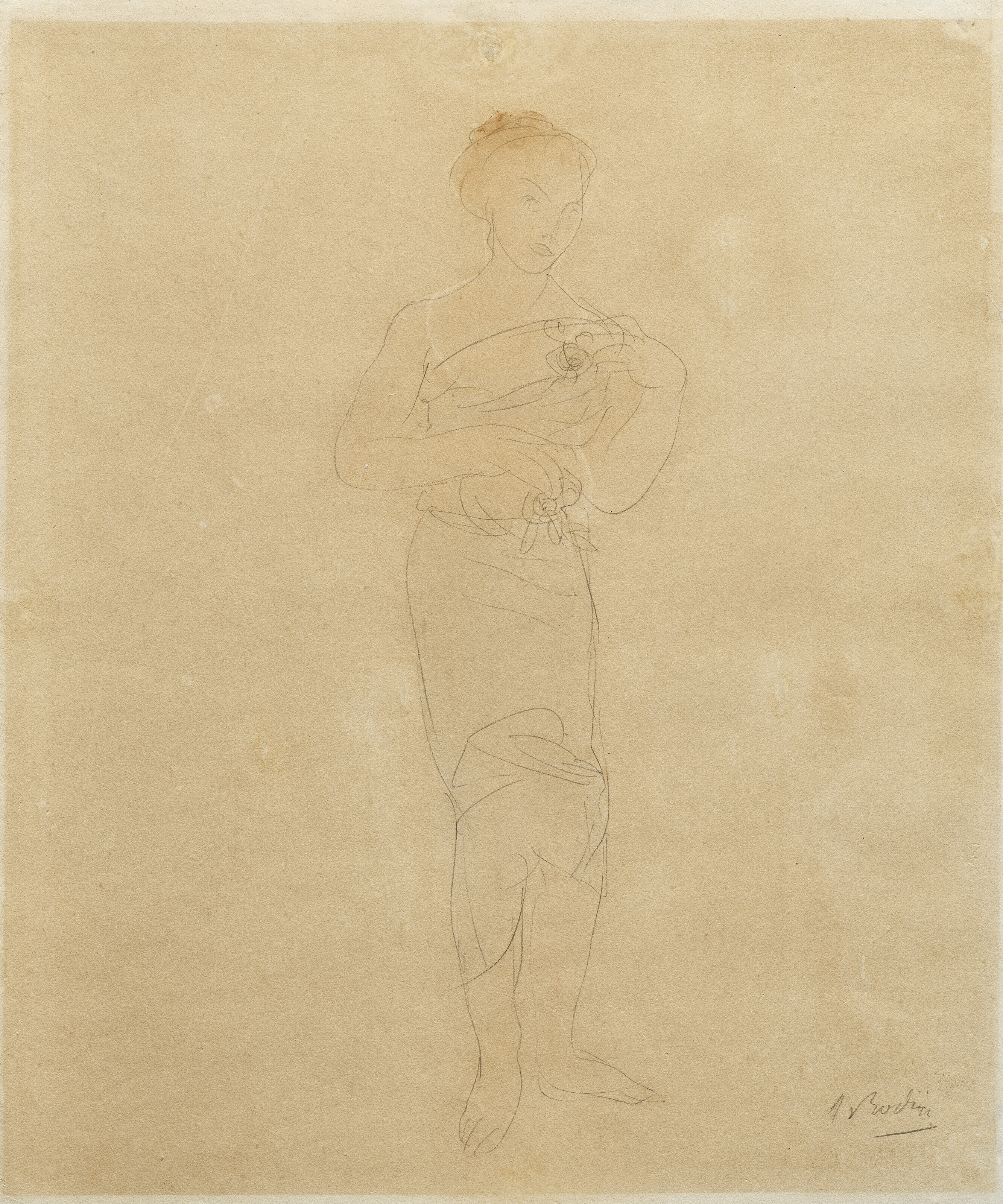 Auguste Rodin (1840-1917), Femme drap&eacute;e debout aux &eacute;paules d&eacute;nud&eacute;es. Motifs de fleurs, circa 1896-97. Watercolour and pencil on paper. 15 x 12&frac34; in (38.2 x 32.2 cm). Offered in Art Impressionniste &amp; Moderne on 5 April 2023 at Christie&rsquo;s in Paris