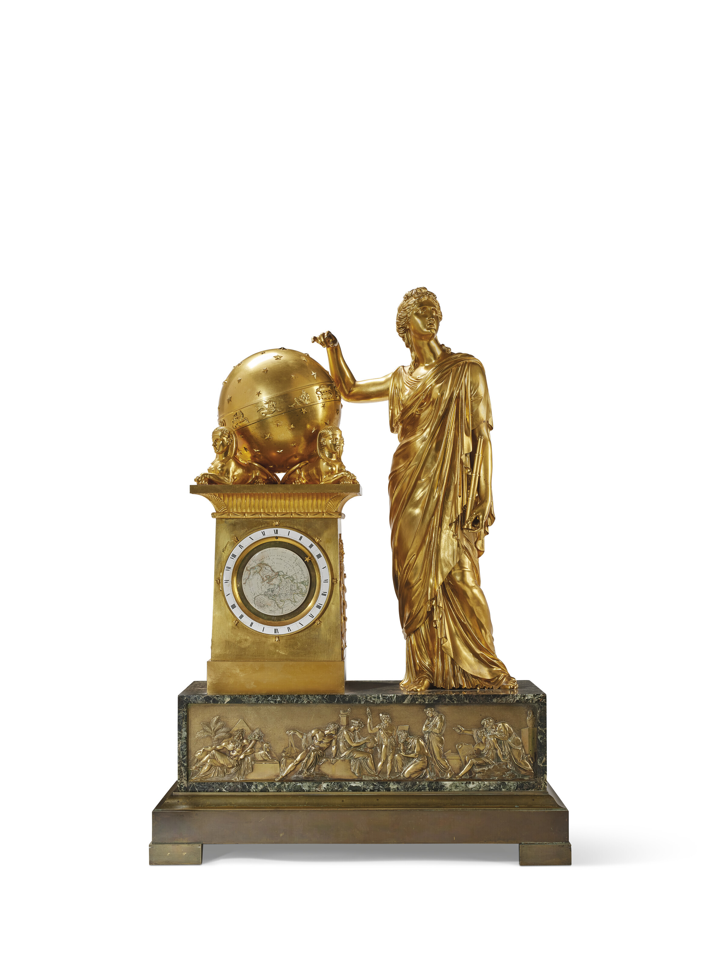 An Empire ormolu and marble mantel clock, attributed to Jean-Fran&ccedil;ois Deni&egrave;re, the movement signed by Rieussec, circa 1800. 36&frac12; in (93 cm) high. Estimate: &euro;50,000-80,000. Offered in The Collector: Le Go&ucirc;t Fran&ccedil;ais on 4-20 April 2023 at Christie&rsquo;s Online