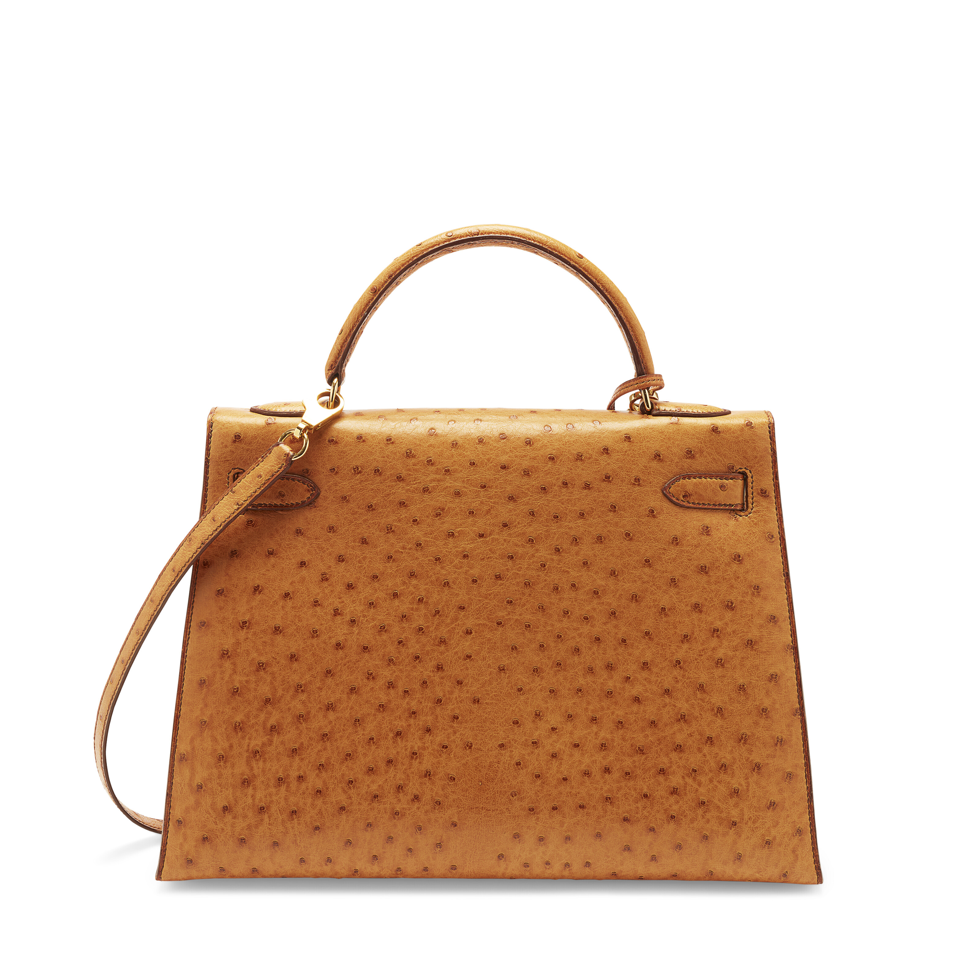A COGNAC OSTRICH SELLIER KELLY 32 WITH GOLD HARDWARE, HERMÈS, 1993