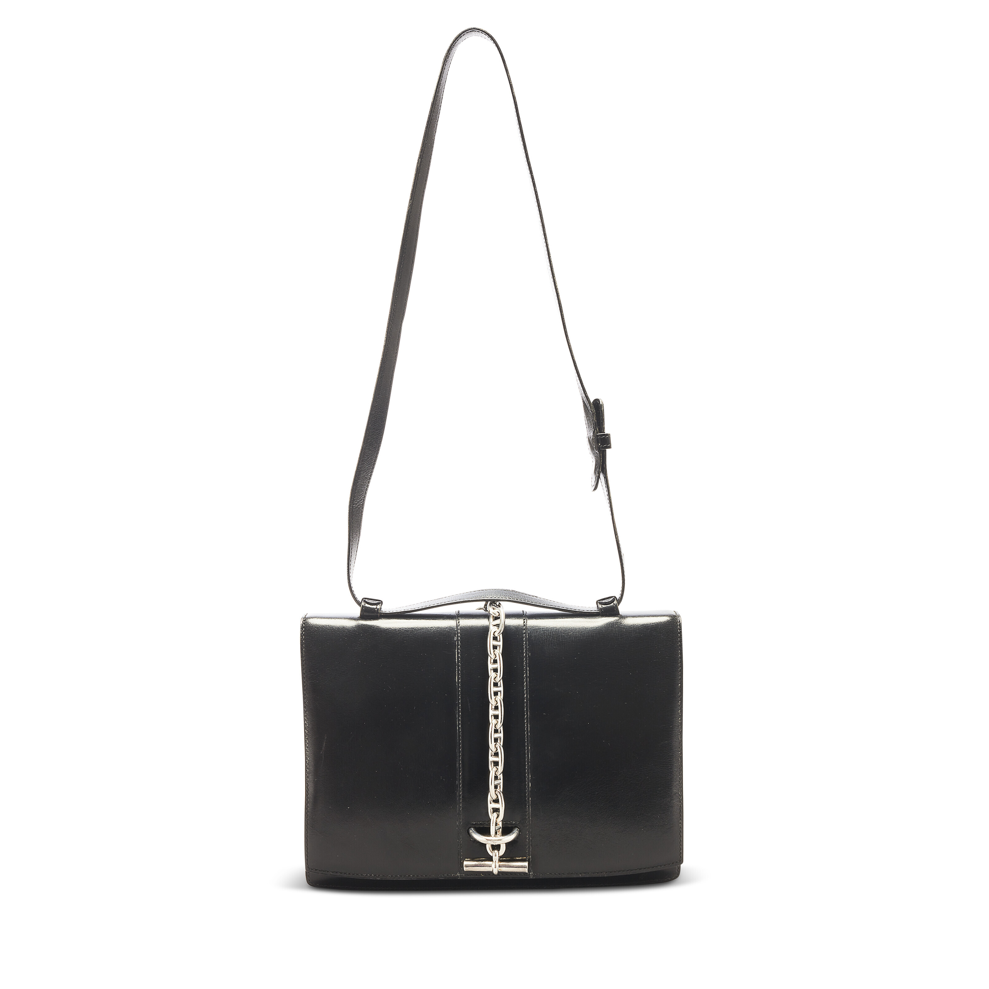 A BLACK CALFBOX LEATHER VICTOR BAG WITH SILVER HARDWARE, HERMÈS, 1972