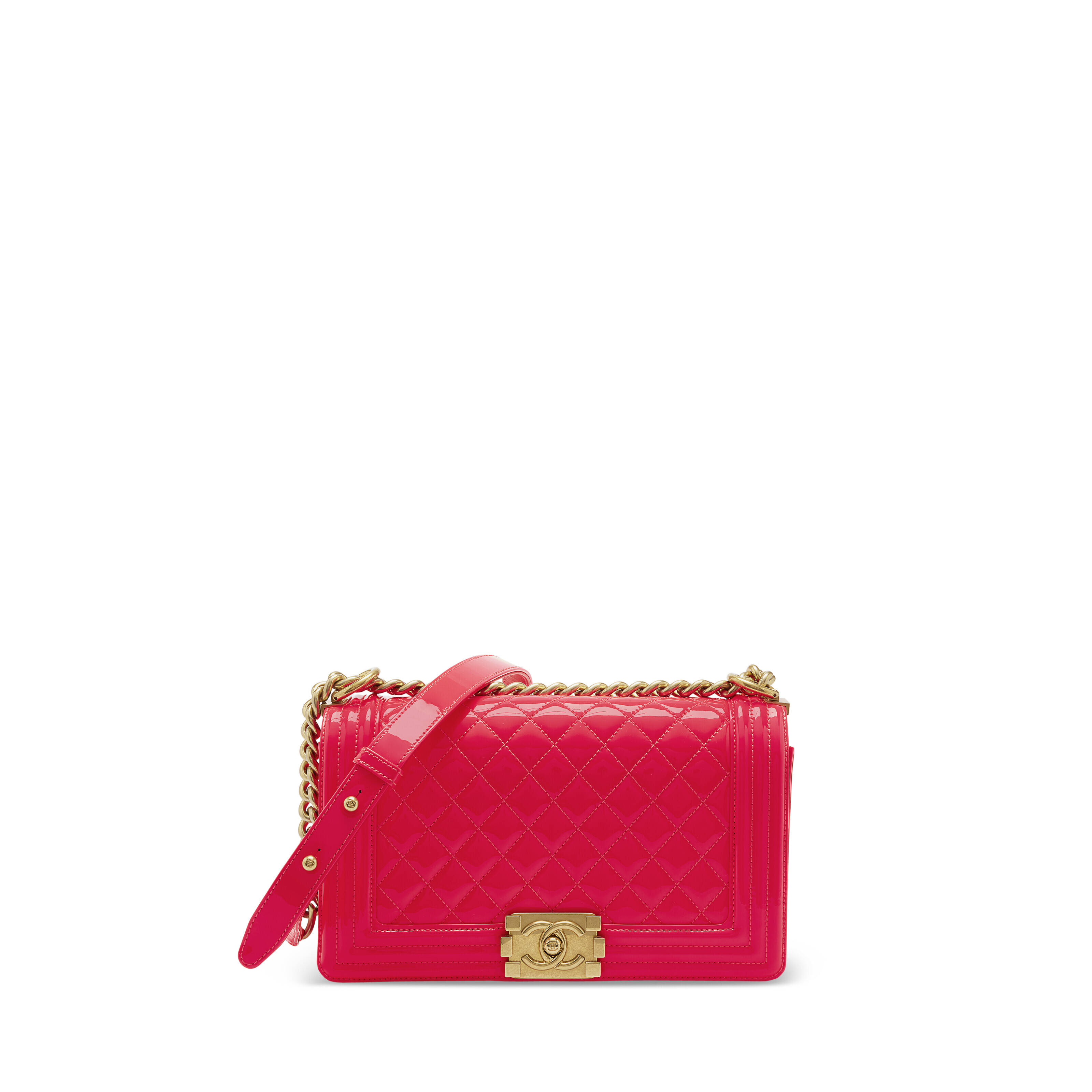 A NEON PINK PATENT LEATHER SMALL BOY WITH ANTIQUED GOLD HARDWARE