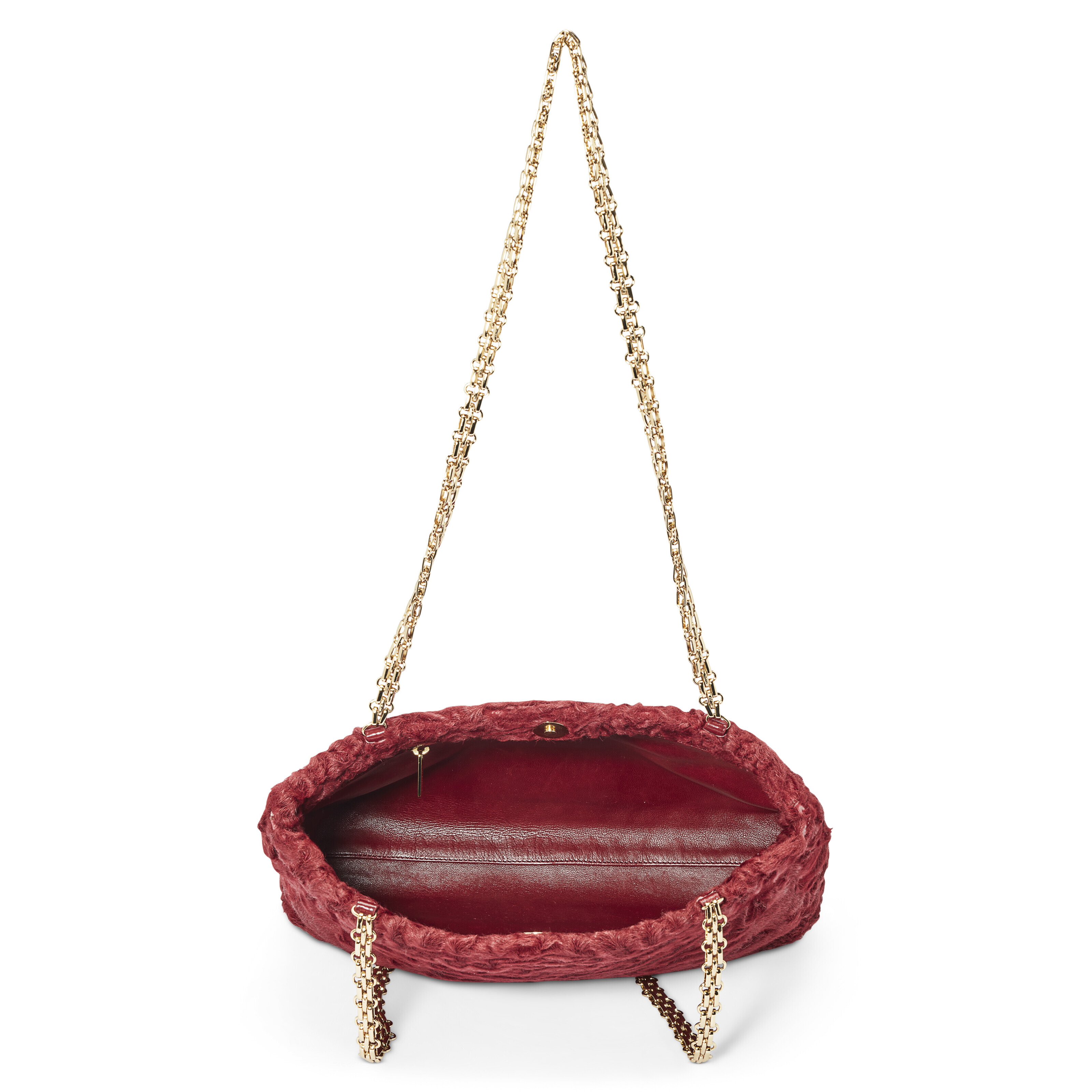 A BURGUNDY PERSIAN LAMB FUR SHOULDER BAG WITH GOLD HARDWARE