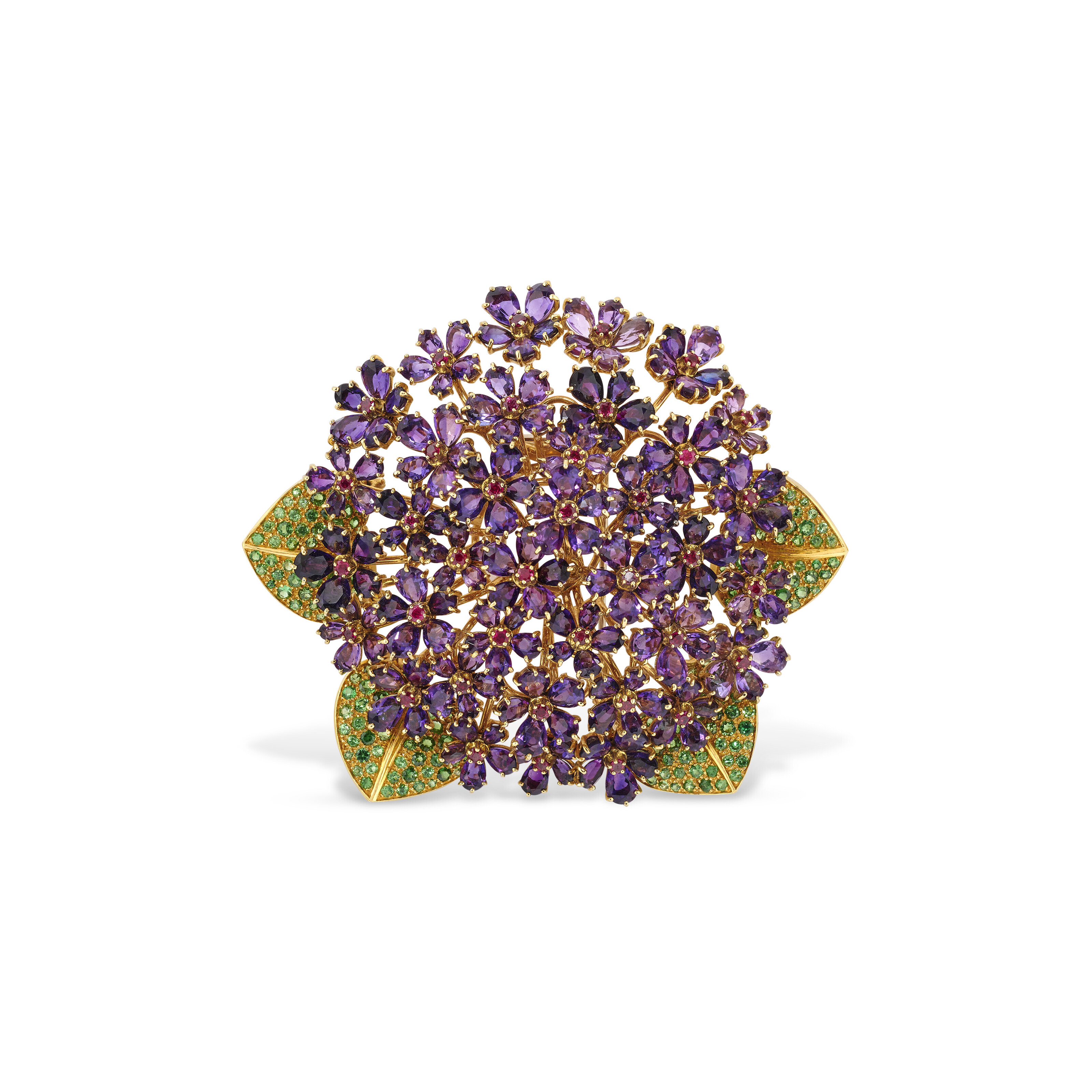 Rene Boivin. An amethyst, tsavorite garnet and ruby Bouquet de Violettes brooch, sold for €13,860 on 21 June 2023 at Christie's Online