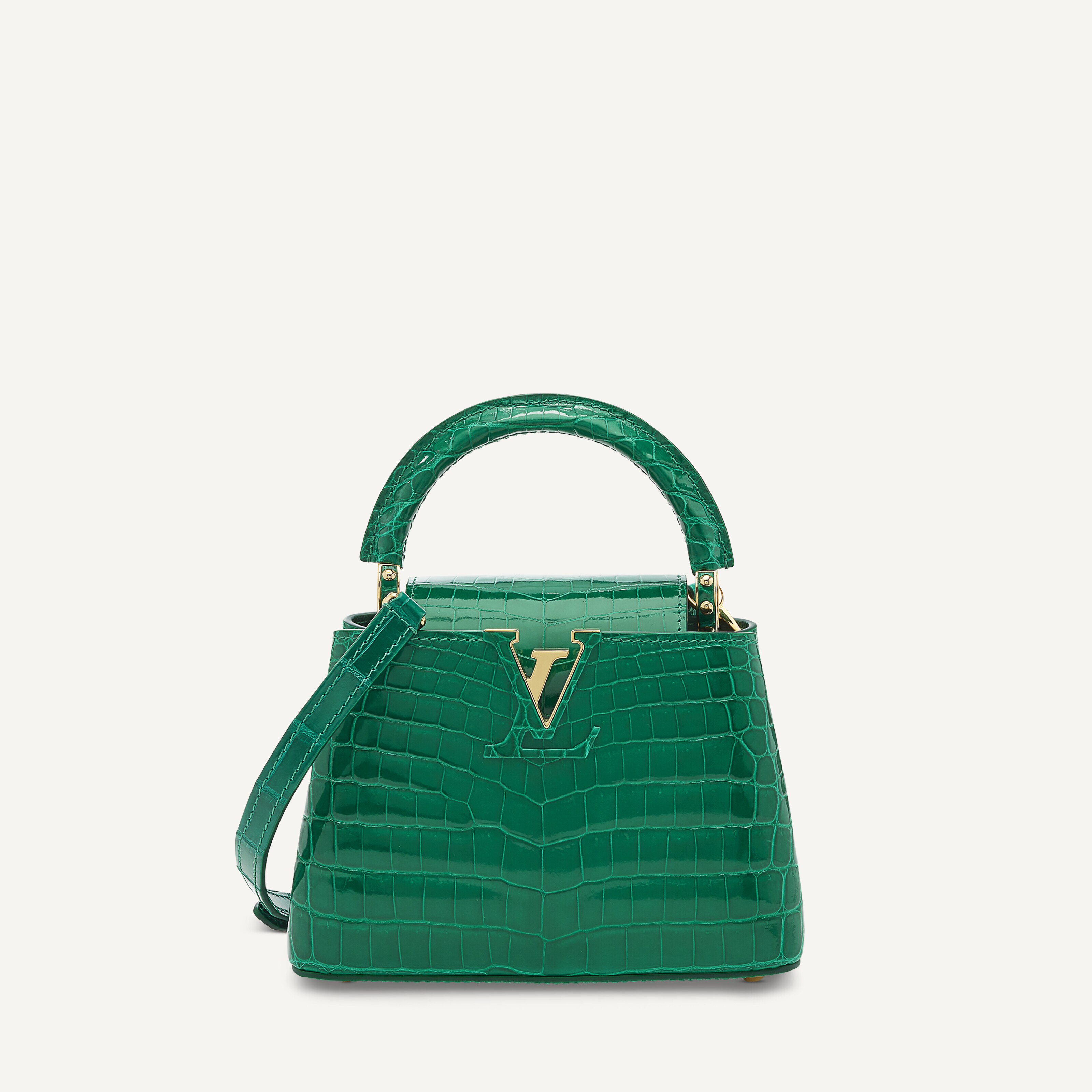 A SHINY EMERALD NILOTICUS CROCODILE LEATHER MINI CAPUCINES WITH GOLD HARDWARE