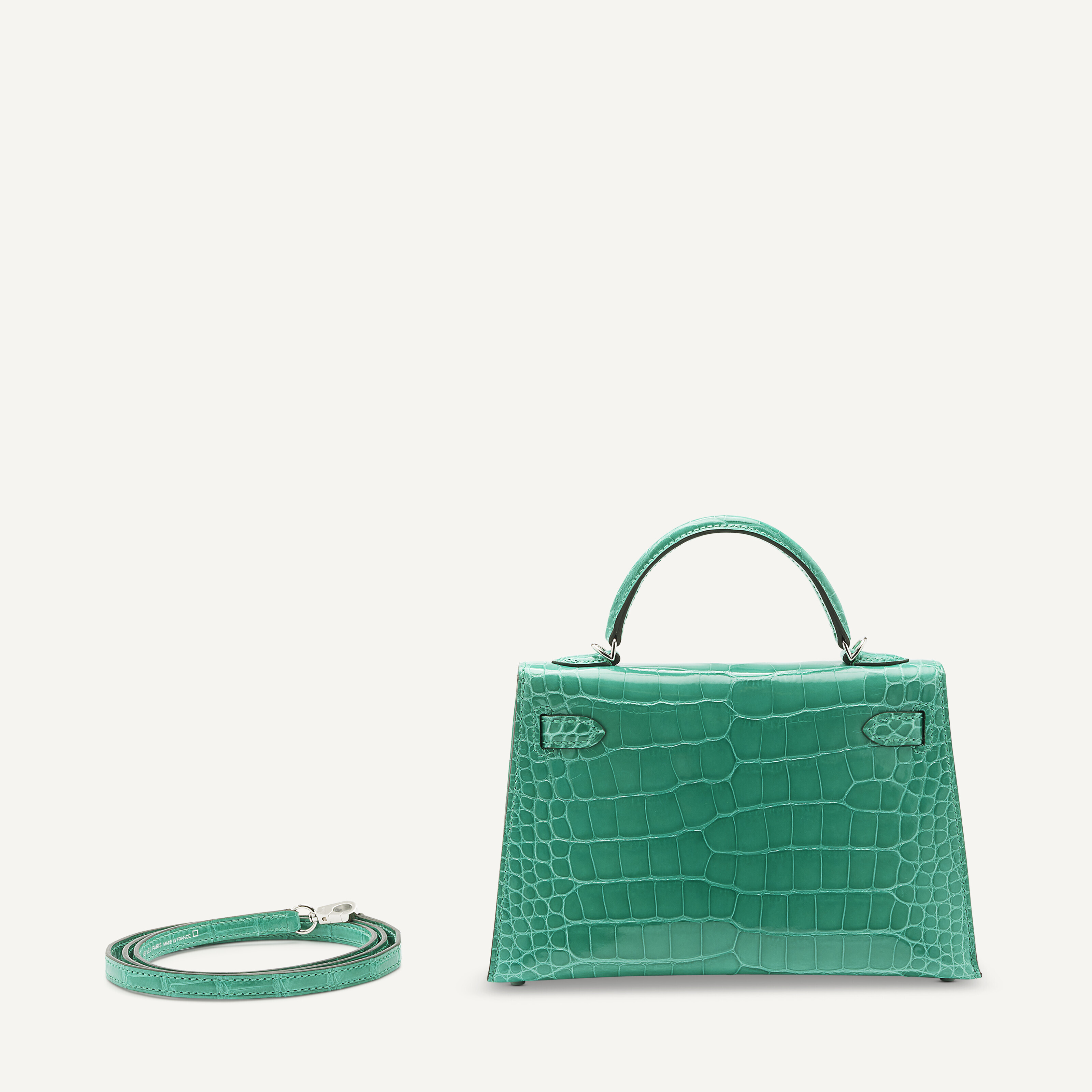 A SHINY VERT JADE ALLIGATOR MINI KELLY 20 II WITH PALLADIUM