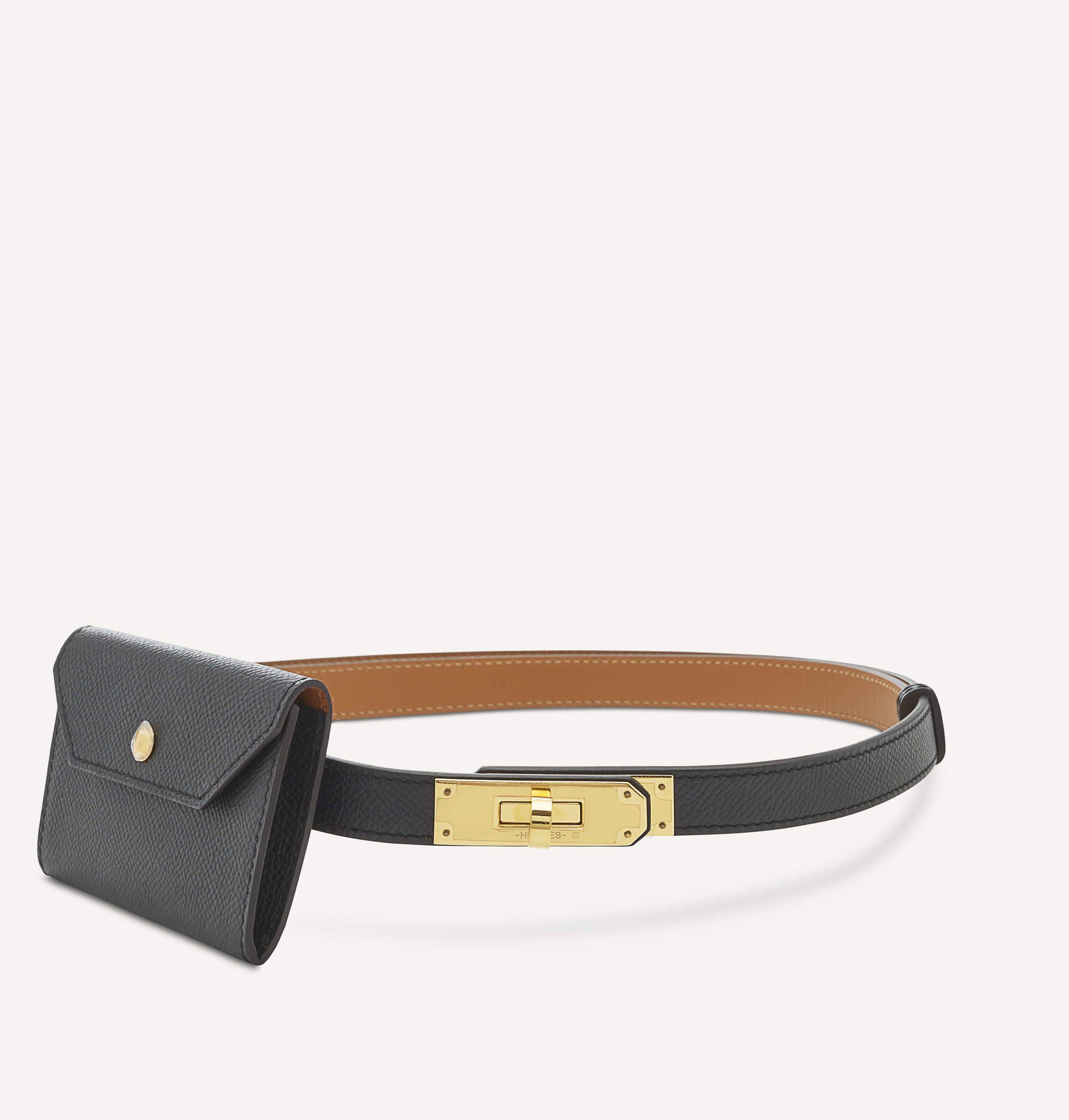 A BLACK EPSOM LEATHER KELLY POCKET BELT 18 WITH GOLD HARDWARE