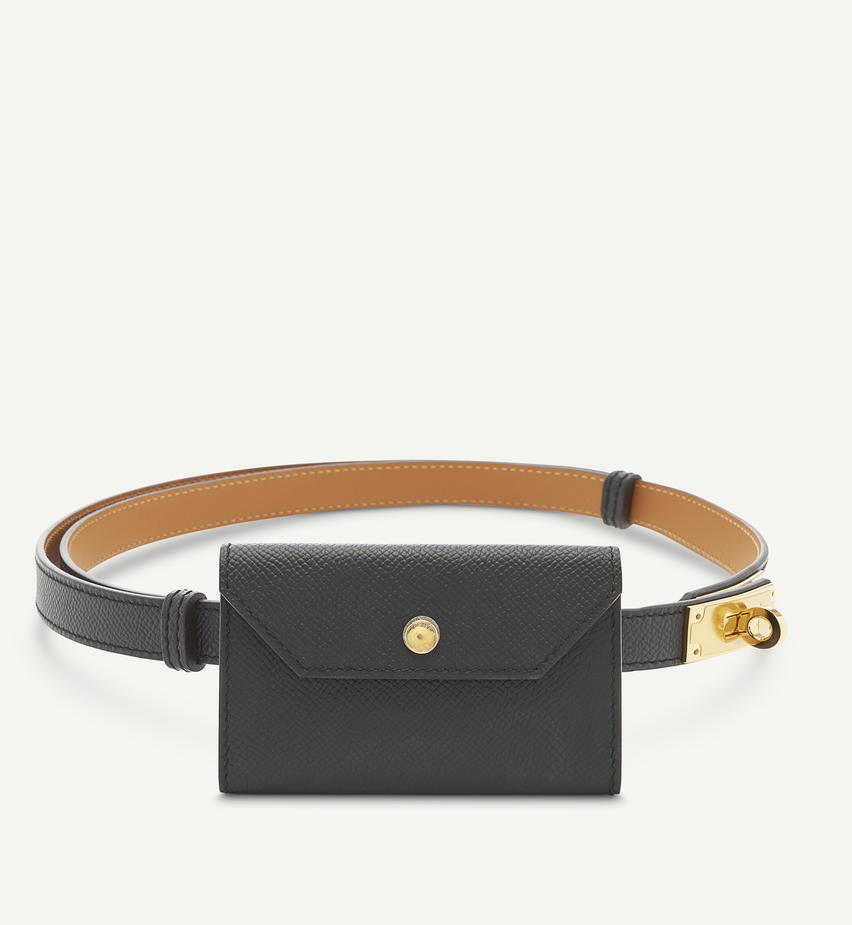 A BLACK EPSOM LEATHER KELLY POCKET BELT 18 WITH GOLD 