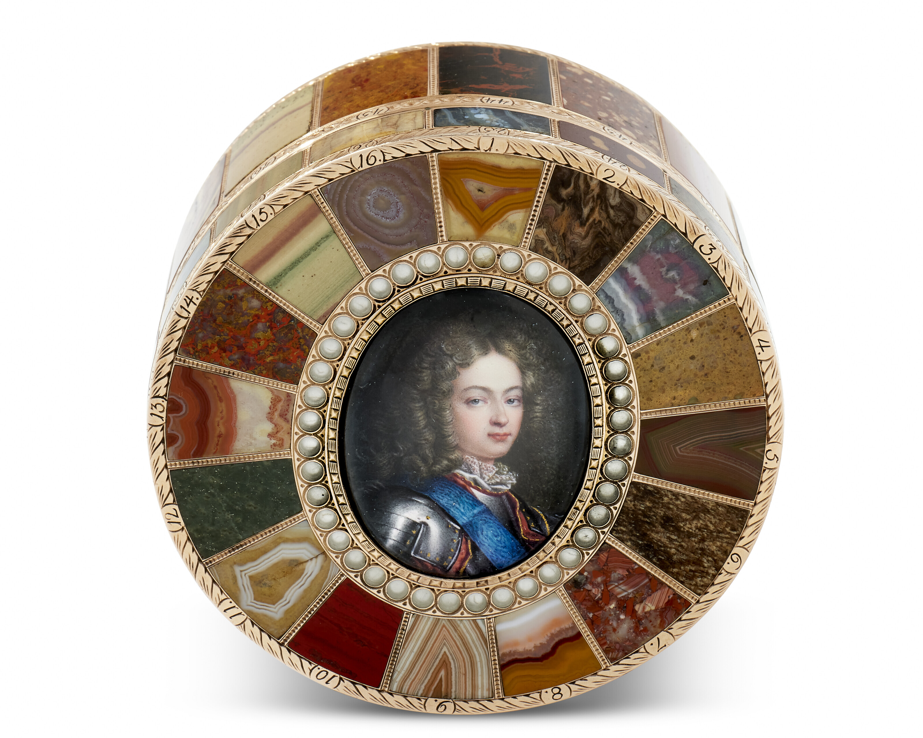 A Saxon gold-mounted hardstone steinkabinet bonbonnière set with a miniature of the Duc de Bourgogne by Johann Christian Neuber, Dresden, circa 1780, offered in The Exceptional Sale, Including masterpieces from the Rothschild Collections on 21 November 2023 at Christie's in Paris