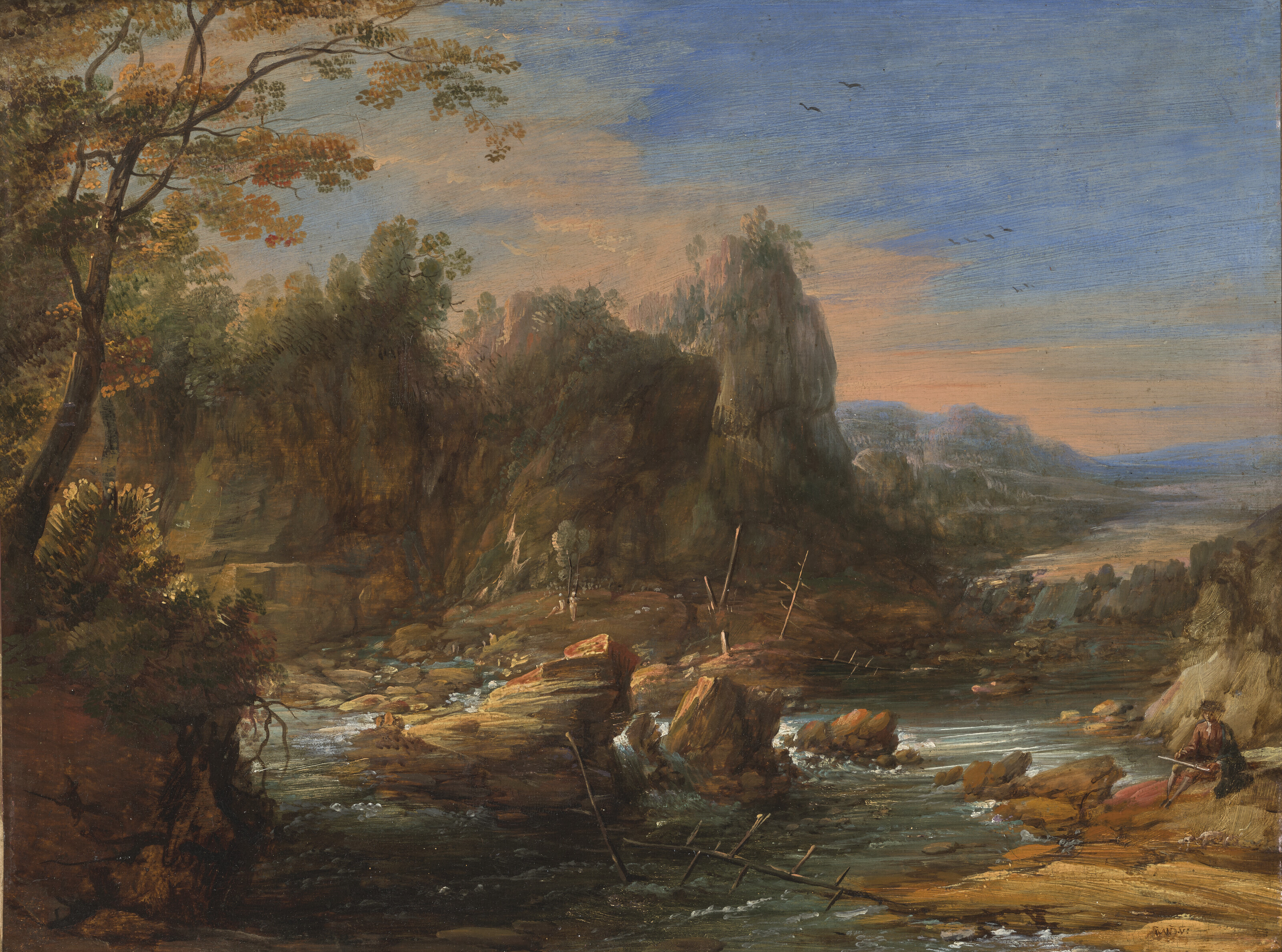 Catalog image of Paysage montagneux avec une rivière, un dessinateur sur la droite