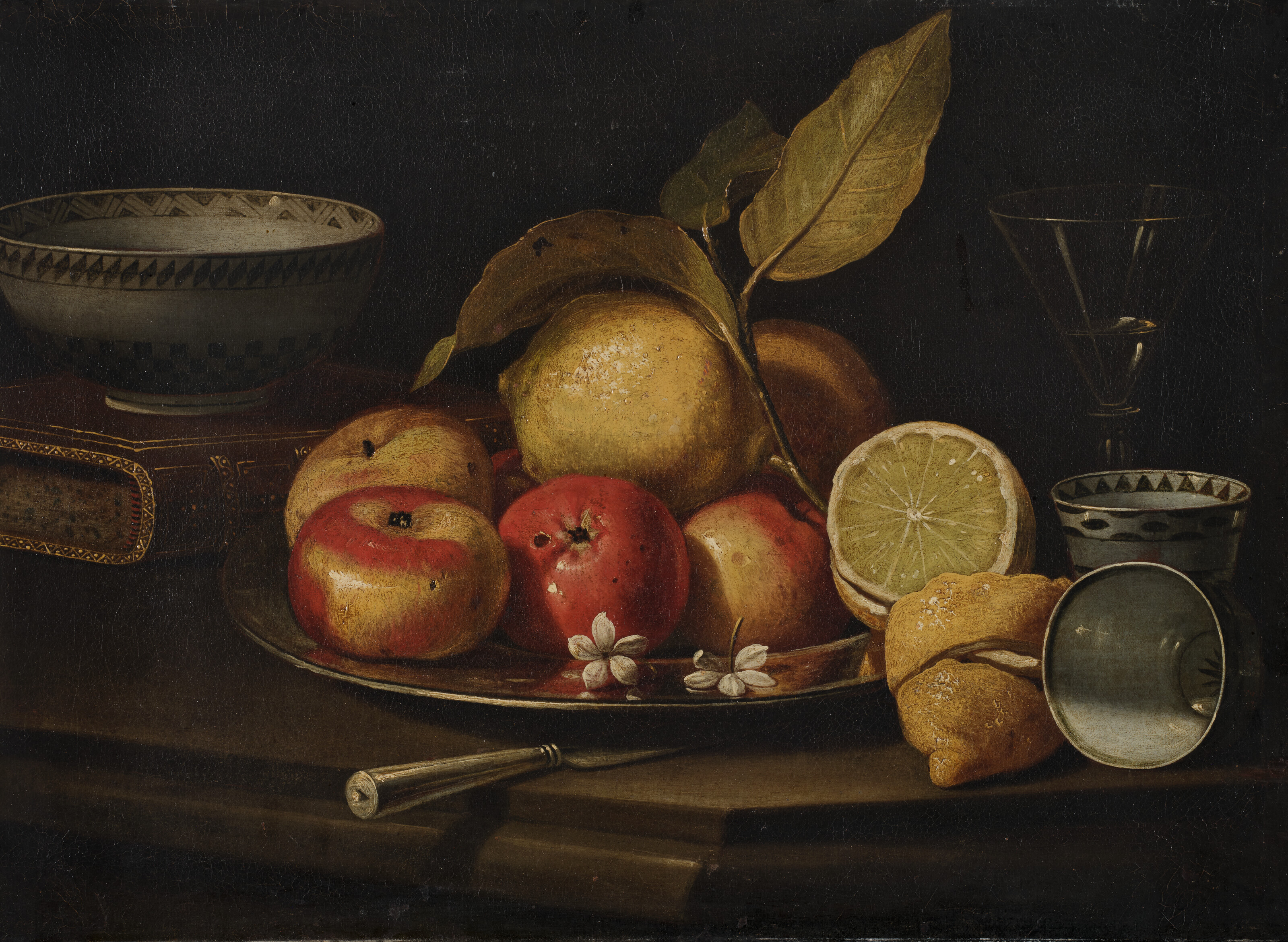 Catalog image of Nature morte aux plat de fruits, céramiques, livre et verre sur un entablement