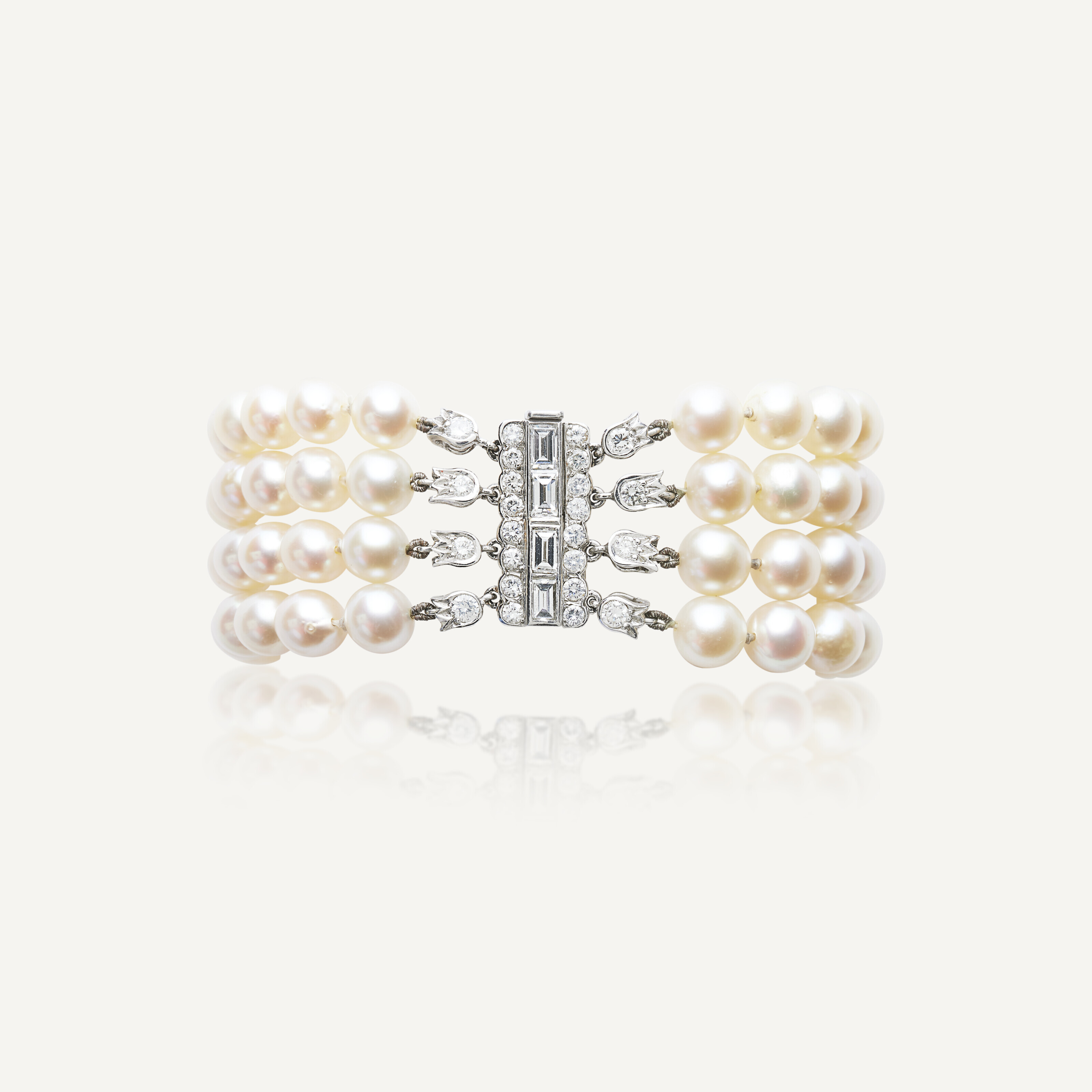 Bracelet 3 Rangs Perles De Culture - Fermoir Or 18K Avec Saphirs & Diamants - Occasion