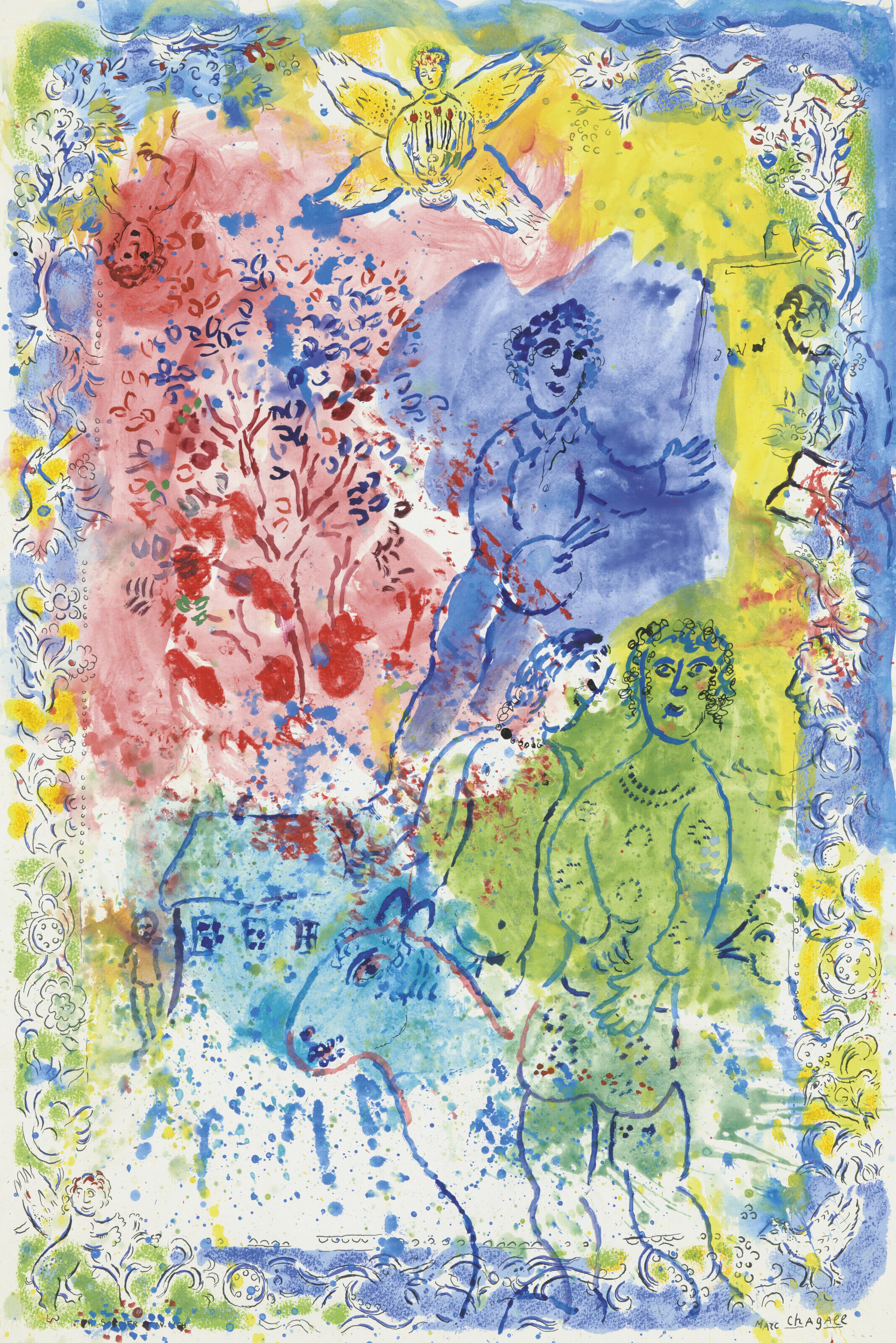 Marc Chagall (1887-1985), Rencontre multicolore avec le peintre pour le concert, 1974. Gouache, tempera and pen and india ink on paper with lithographic borders. 30&frac14; x 20⅜ in (76.7 x 51.7 cm). Sold for &euro;352,800 on 6 April 2023 at Christie&rsquo;s Online