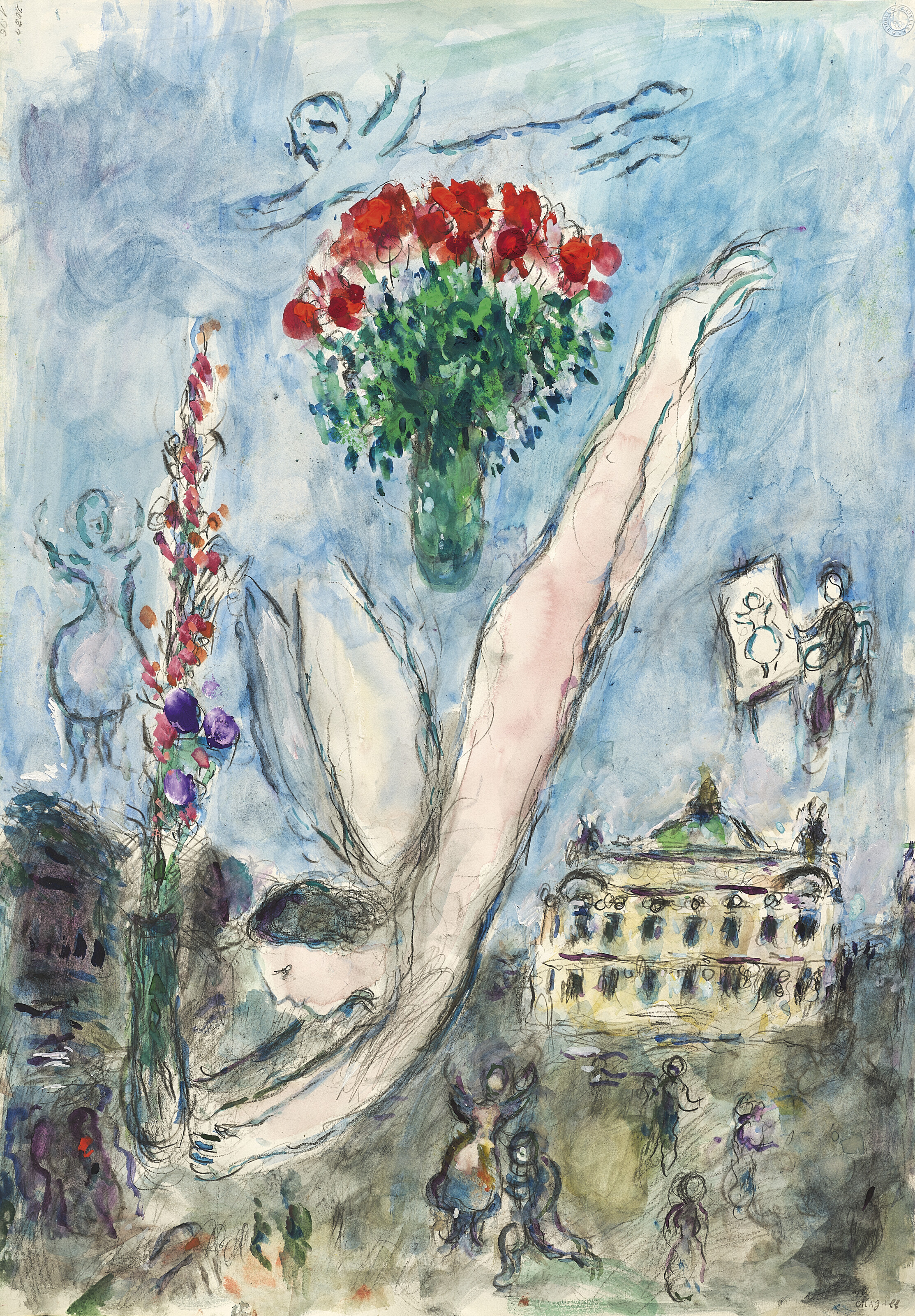 Marc Chagall (1887-1985), L&rsquo;Ange devant l&rsquo;Op&eacute;ra, 1981. Tempera, gouache, ink, pastel and pencil on paper. 28⅝ x 19⅞ in (72.7 x 50.7 cm). Sold for &euro;327,600 on 6 April 2023 at Christie&rsquo;s Online
