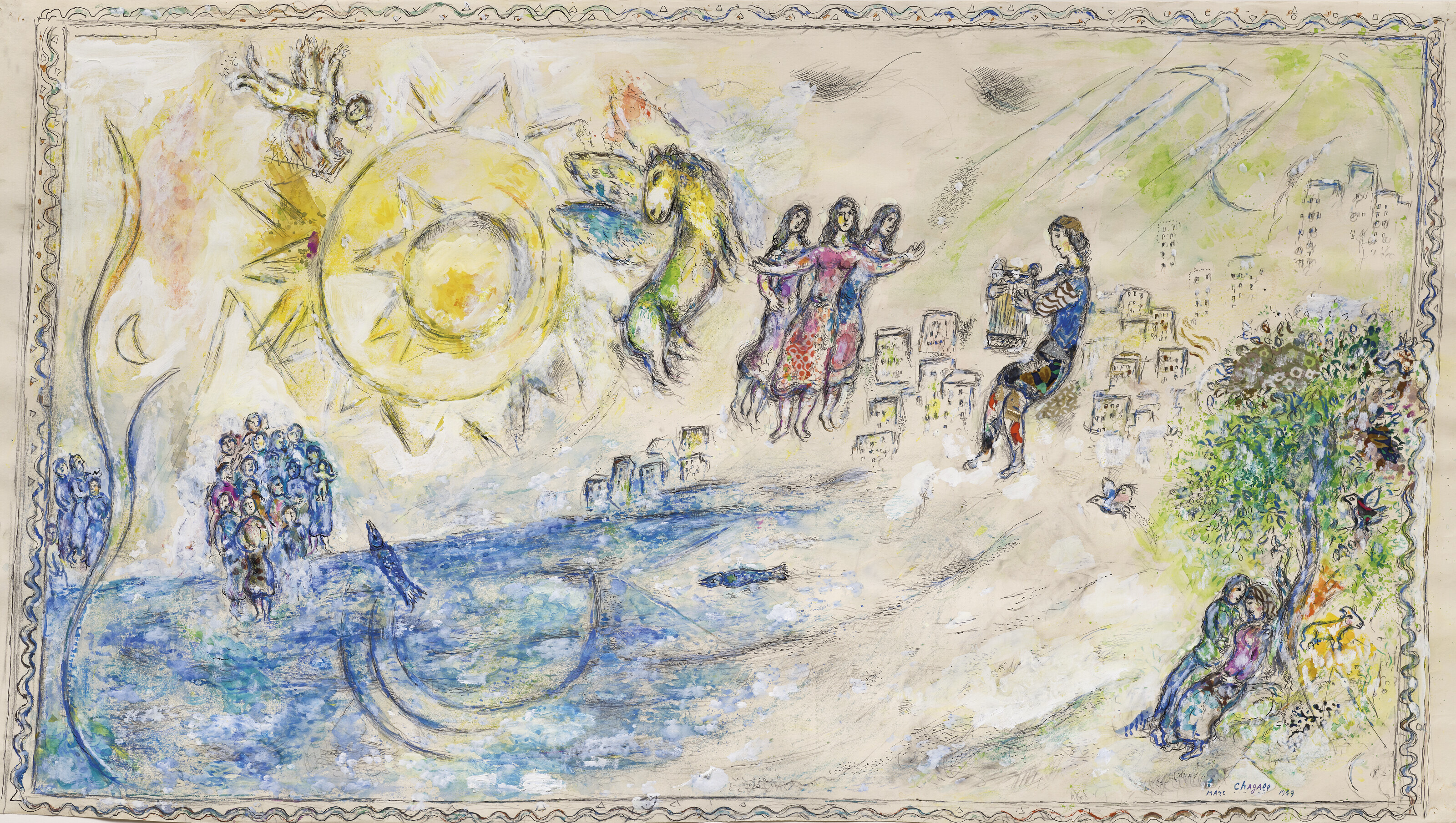 Marc Chagall (1887-1985), Orph&eacute;e, Maquette d&eacute;finitive pour la &ldquo;Mos&auml;ique de la maison John Neff&rdquo;, Washington D.C., 1969. Gouache, tempera, pen and india ink, pastel, pencil and collage of fabrics on paper. 29⅝ x 54⅛ in (75.1 x 137.5 cm).  Sold for &euro;378,000 on 6 April 2023 at Christie&rsquo;s Online