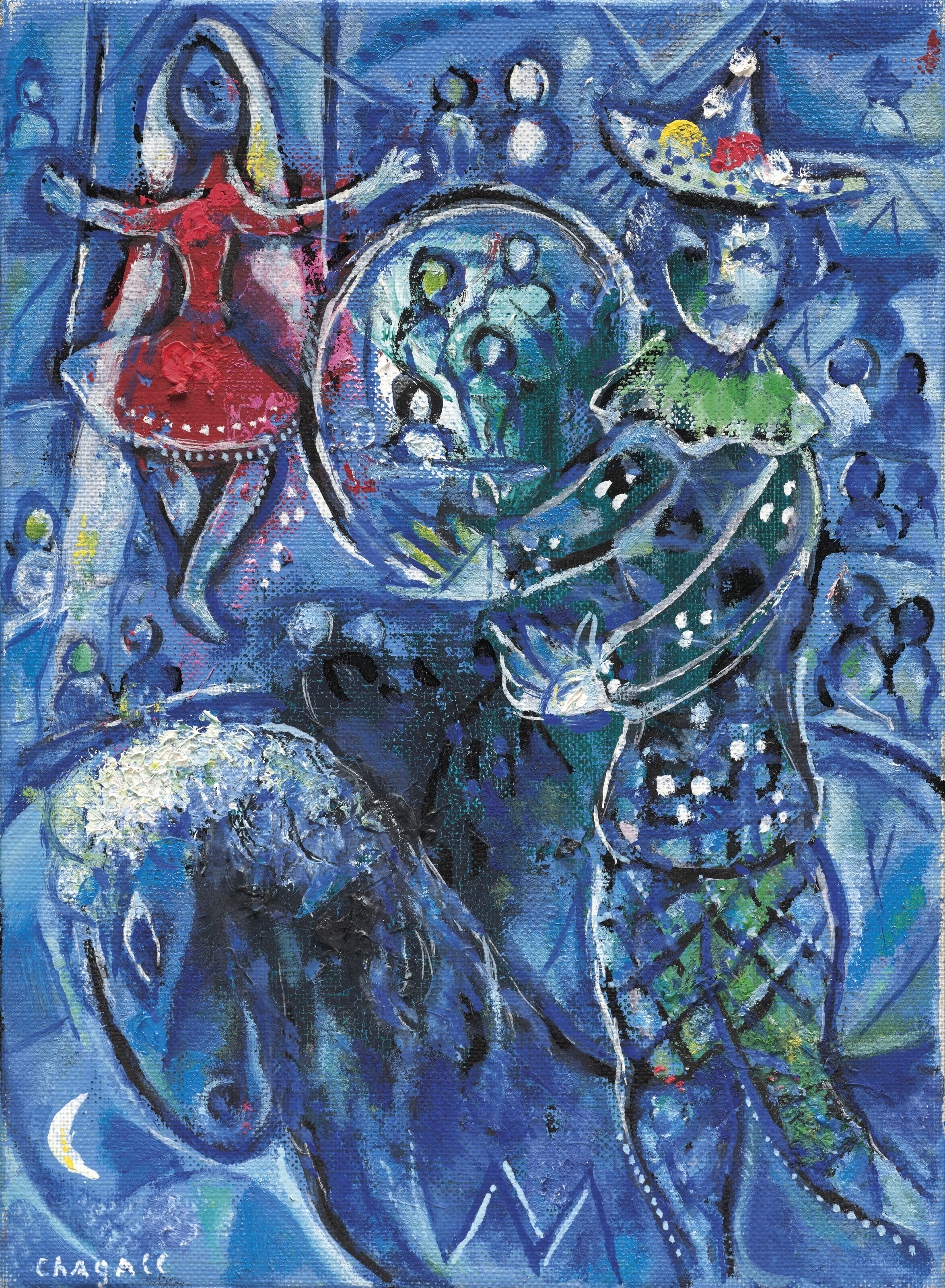 Marc Chagall (1887-1985), Le Cirque sur fond bleu, 1959. Oil and bursh and india ink on canvas. 13 x 9&frac12; in (33 x 24 cm). Sold for &euro;504,000 on 4 April 2023 at Christie&rsquo;s in Paris