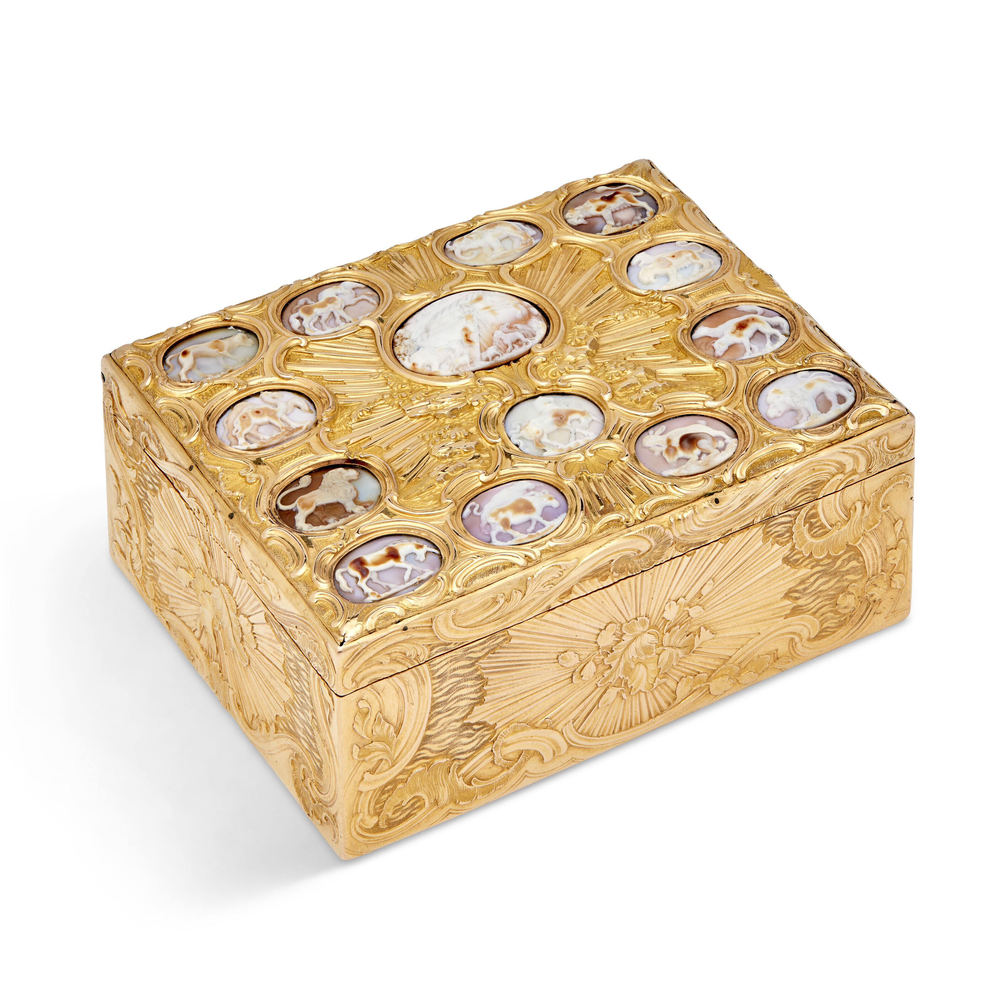 A German vari-colour gold snuff-box, probably Berlin, circa 1760. 3⅛  in (80  mm) wide. Sold for &pound;81,250 on 5 December 2018 at Christie&rsquo;s in London