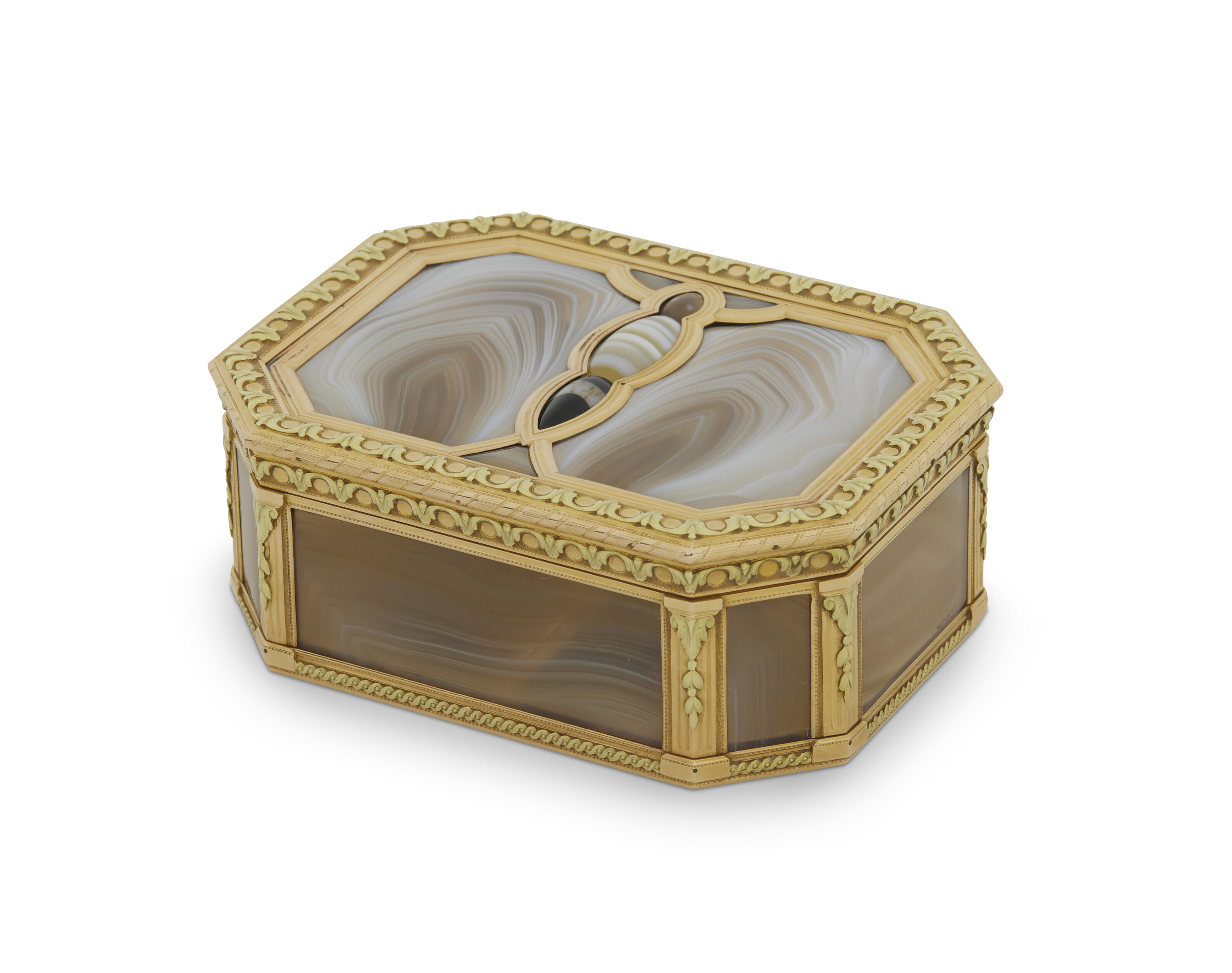 A Louis XVI hardstone and two-colour gold cagework snuff-box by Pierre-François Drais, Paris, 1780-81, offered in Collection Bayreuth: Gold Boxes, 9-22 November 2023 at Christie's Online
