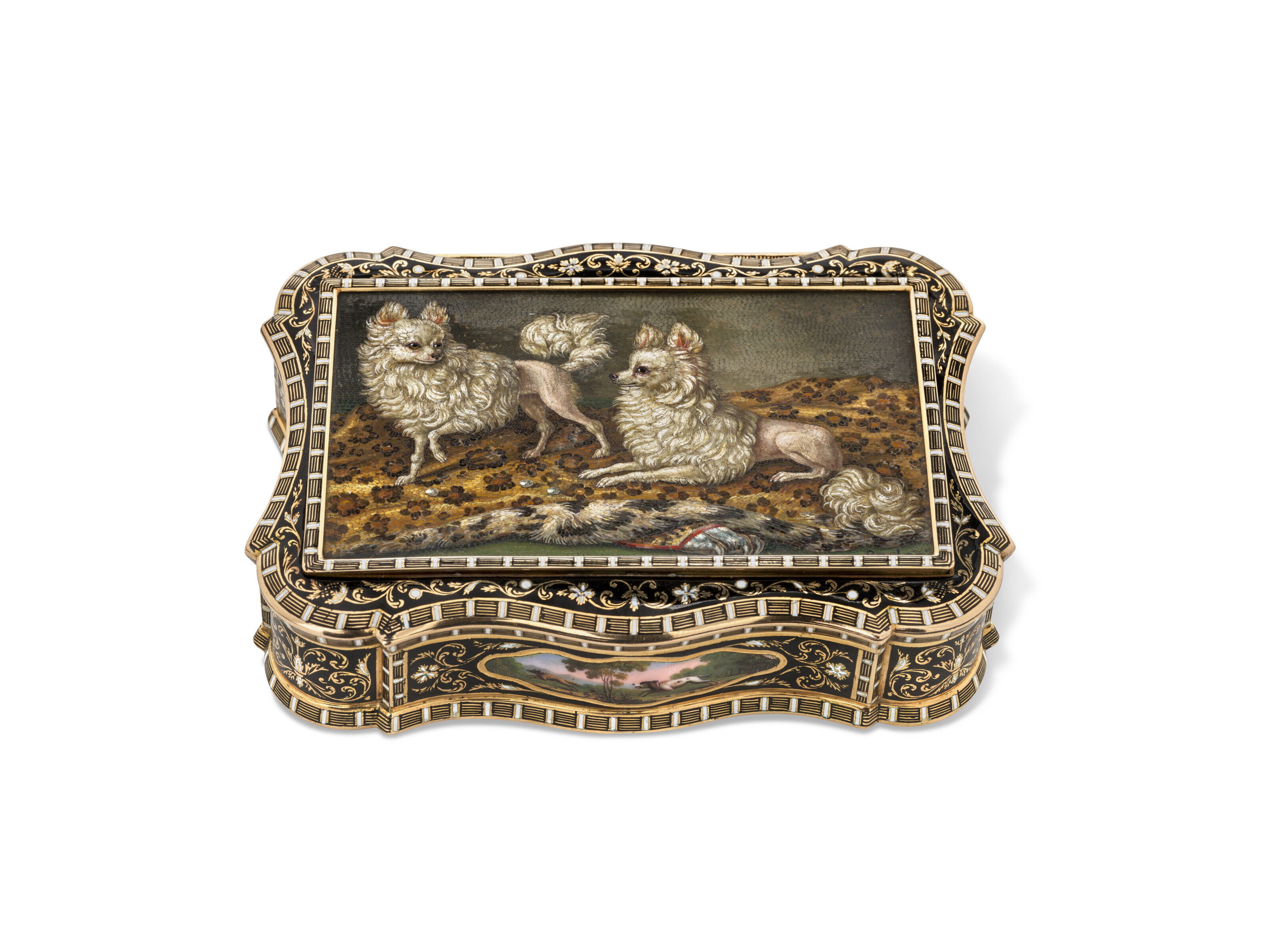 A Swiss enamelled gold snuff-box set with a Roman micromosaic plaque. The box by Jean-François Bautte & Co., Geneva, circa 1830; the micromosaic, by Gioacchino Barberi, Rome, circa 1830, offered in Collection Bayreuth: Gold Boxes, 9-22 November 2023 at Christie's Online